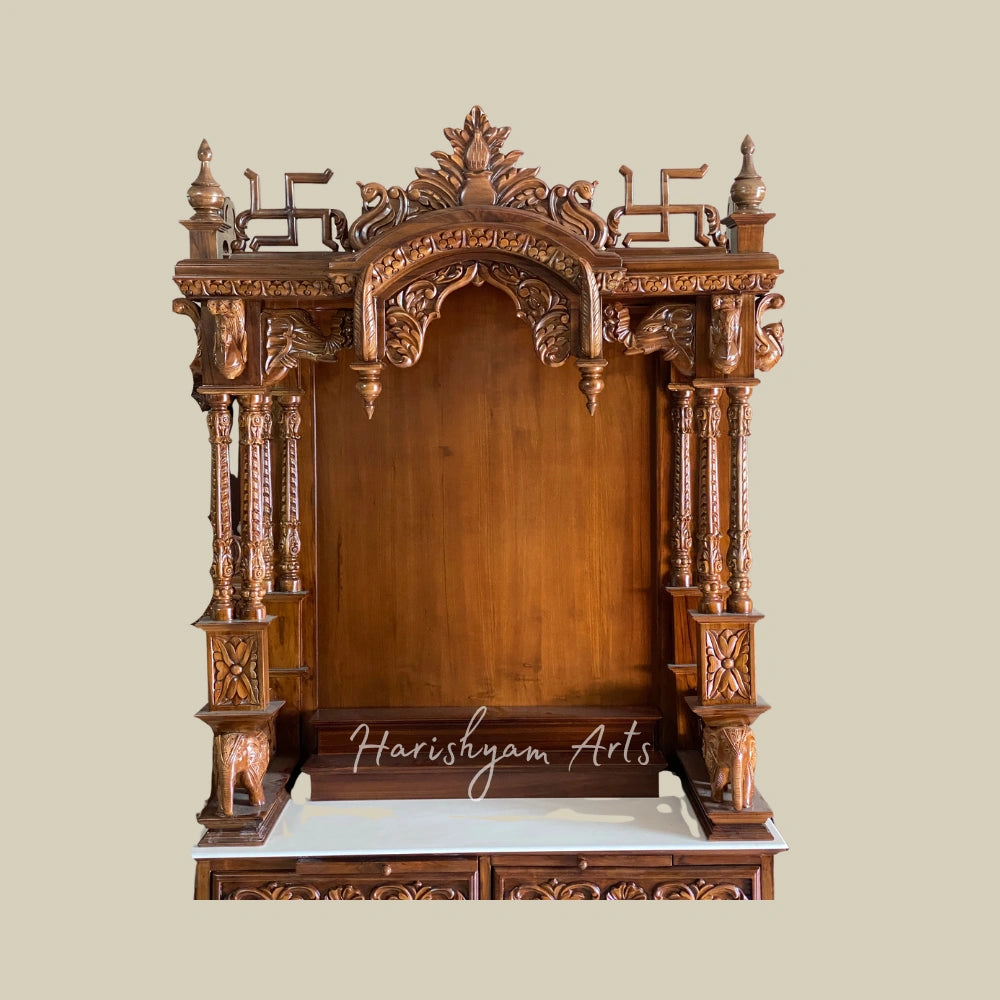 84" Carved Teak Wood Mandir with Satvik, Kalash And Storage Unit