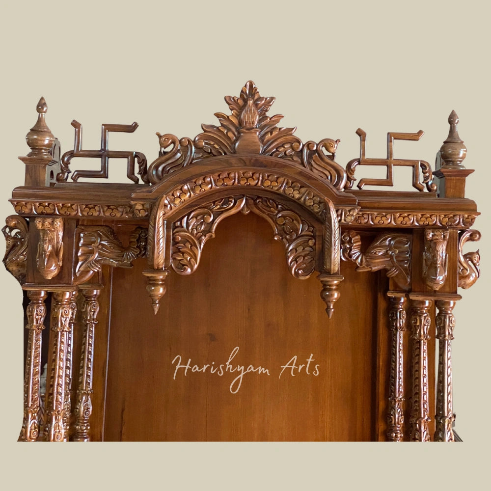 84" Carved Teak Wood Mandir with Satvik, Kalash And Storage Unit1