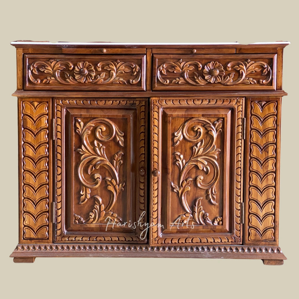 84" Carved Teak Wood Mandir with Satvik, Kalash And Storage Unit3