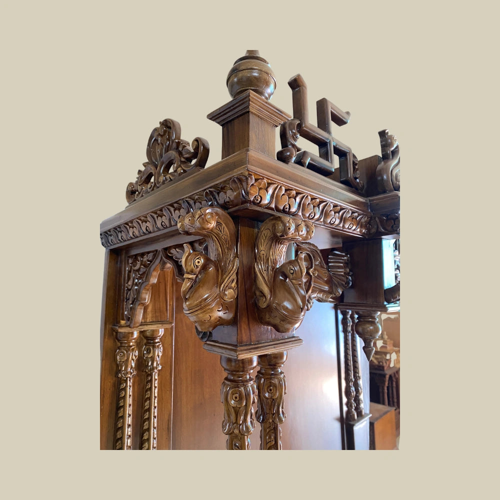 84" Carved Teak Wood Mandir with Satvik, Kalash And Storage Unit6