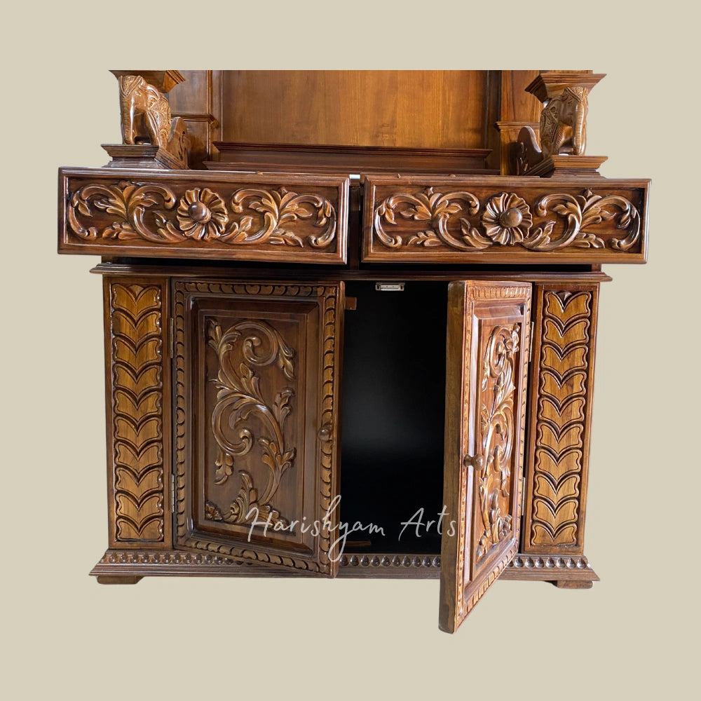 84" Carved Teak Wood Mandir with Satvik, Kalash And Storage Unit7