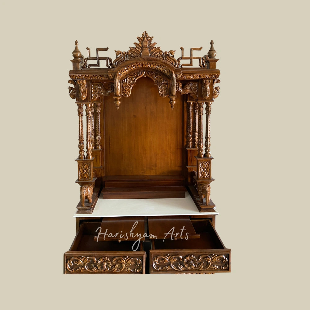 84" Carved Teak Wood Mandir with Satvik, Kalash And Storage Unit8