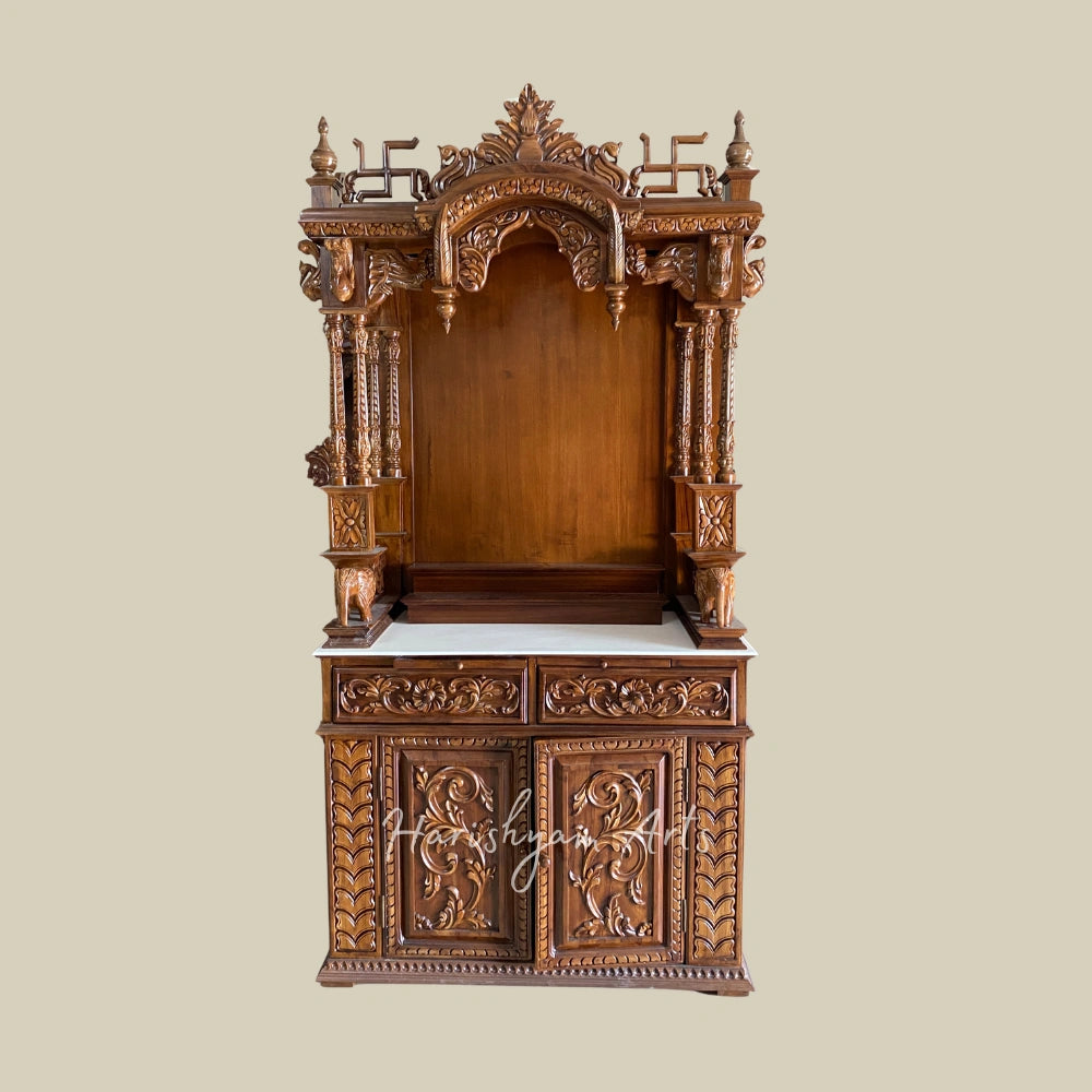 84" Carved Teak Wood Mandir with Satvik, Kalash And Storage Unit