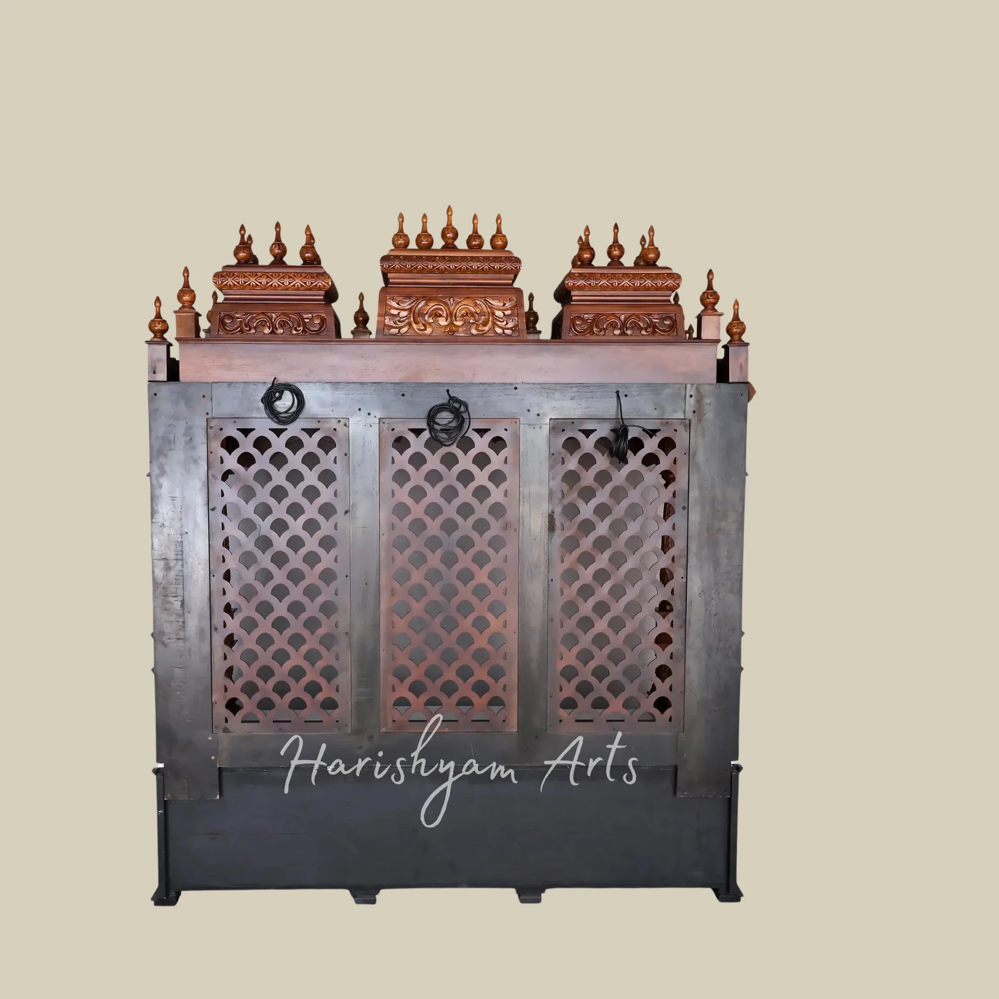 84" Extra Large Handcrafted Teak Wood Home Temple with Intricate Jali Work Ornate Pillars and Spacious Storage