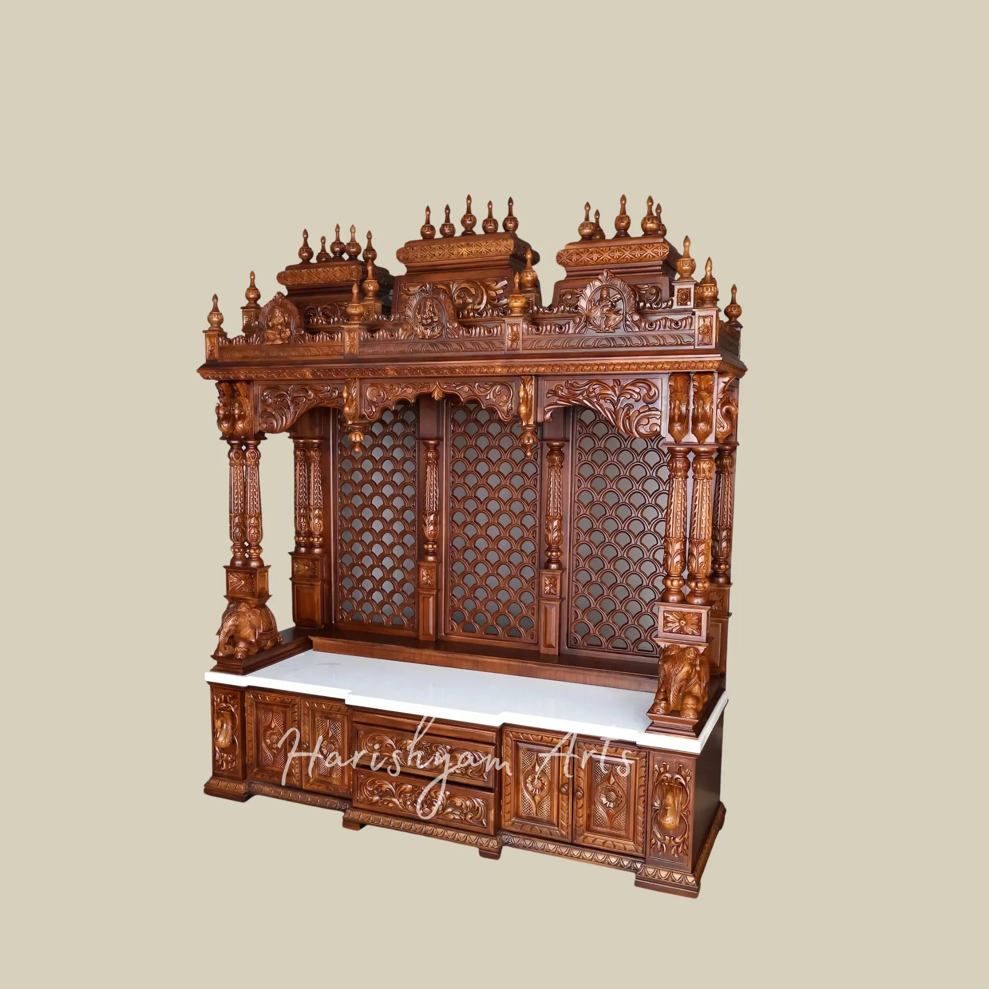 84" Extra Large Handcrafted Teak Wood Home Temple with Intricate Jali Work Ornate Pillars and Spacious Storage
