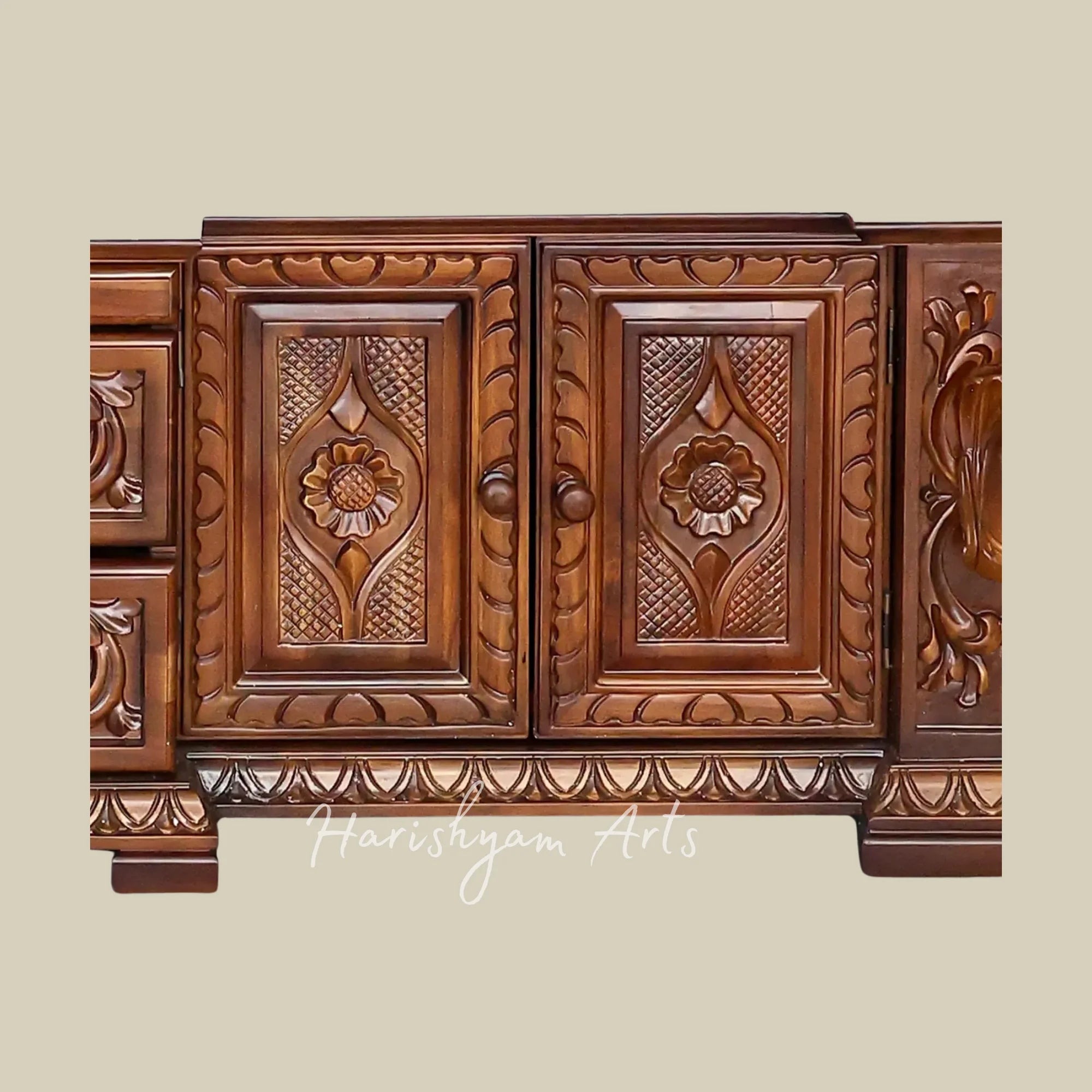 84" Extra Large Handcrafted Teak Wood Home Temple with Intricate Jali Work Ornate Pillars and Spacious Storage