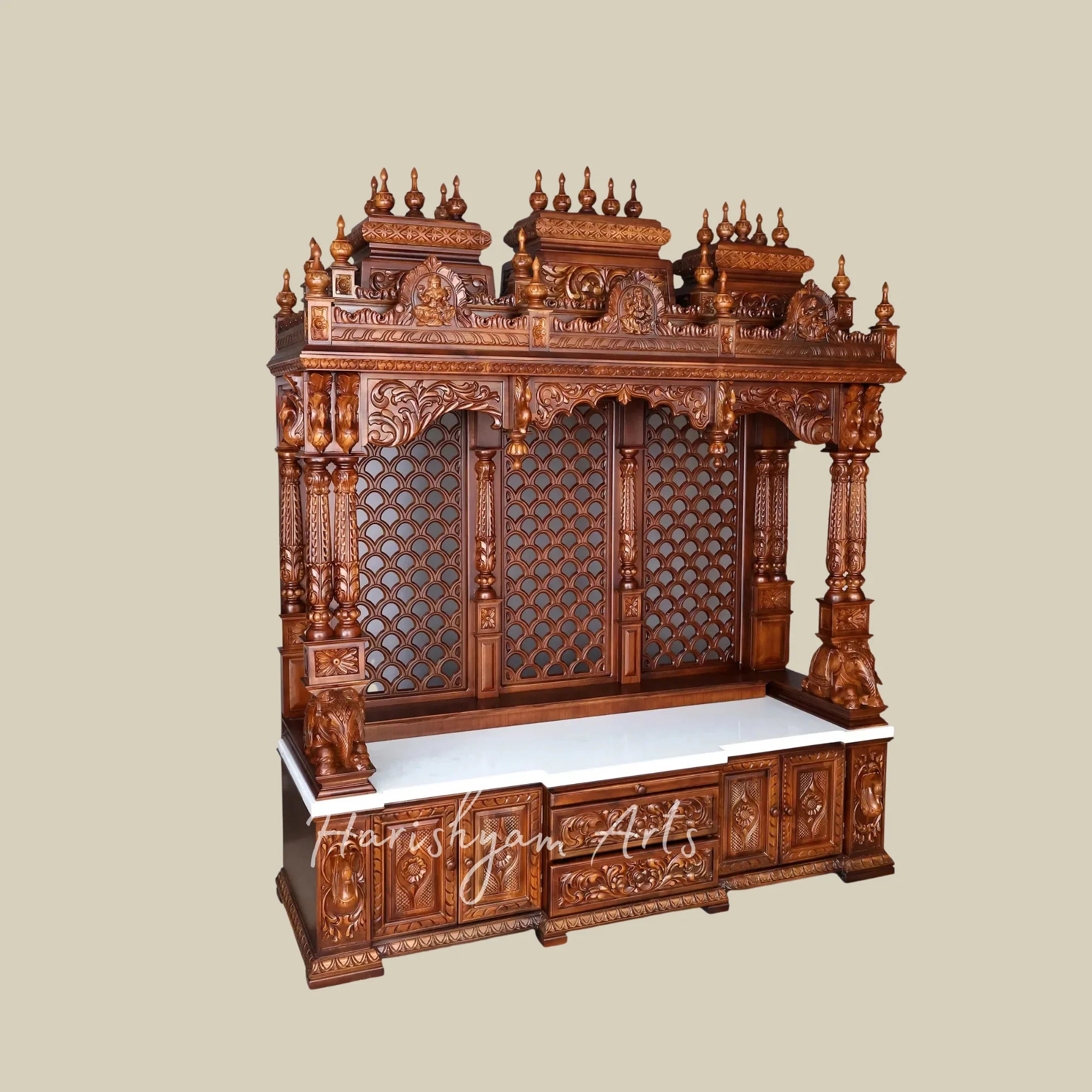 84" Extra Large Handcrafted Teak Wood Home Temple with Intricate Jali Work Ornate Pillars and Spacious Storage