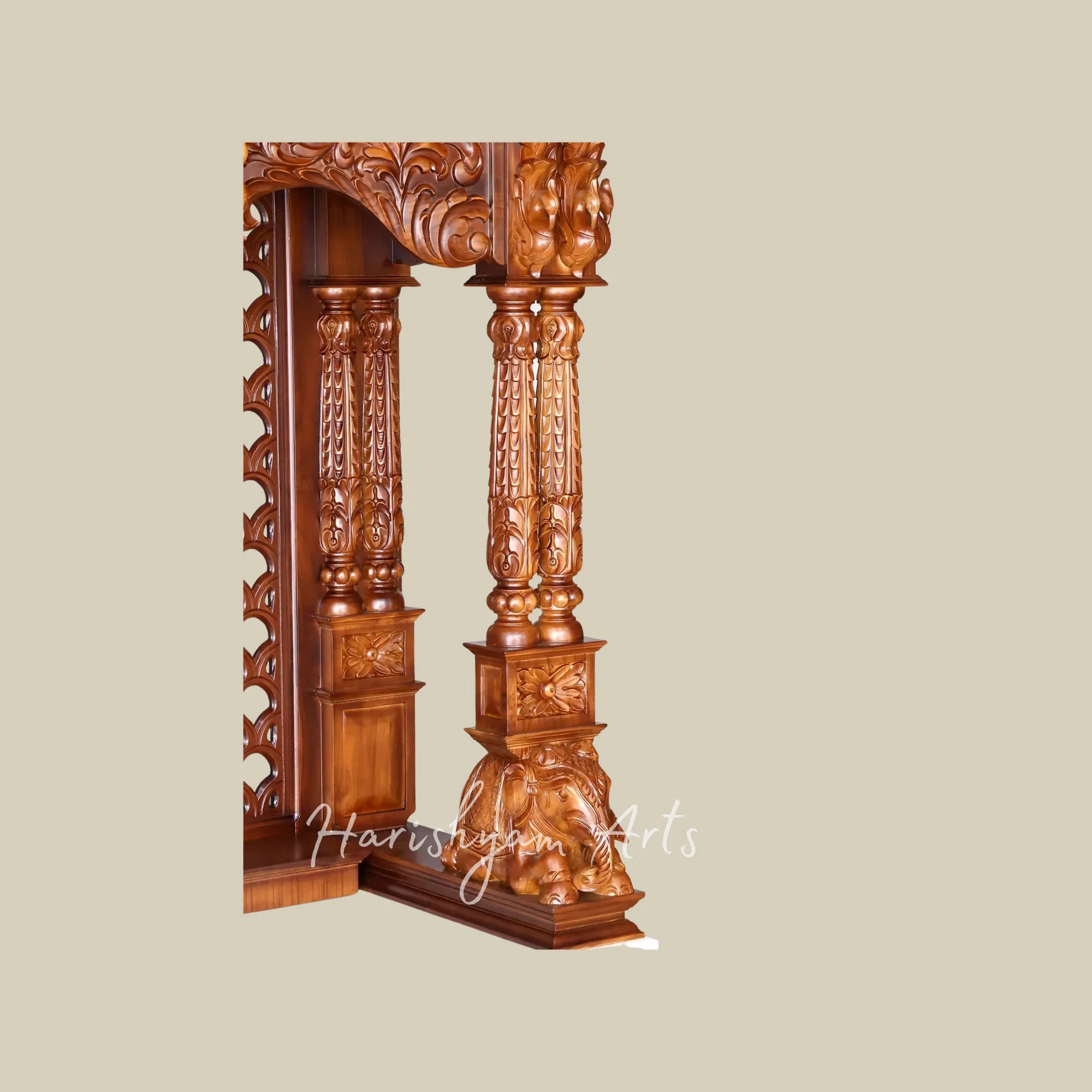 84" Extra Large Handcrafted Teak Wood Home Temple with Intricate Jali Work Ornate Pillars and Spacious Storage