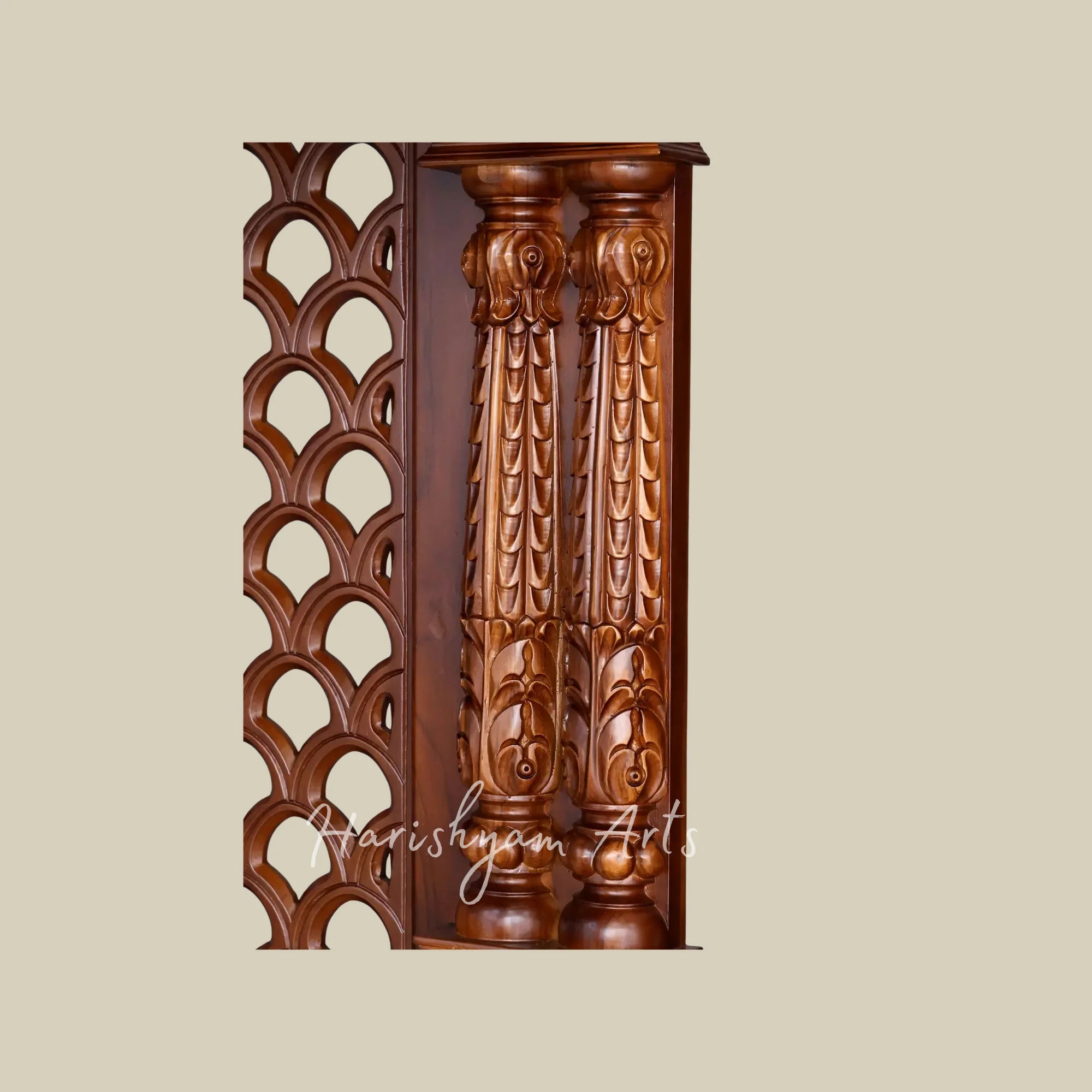 84" Extra Large Handcrafted Teak Wood Home Temple with Intricate Jali Work Ornate Pillars and Spacious Storage