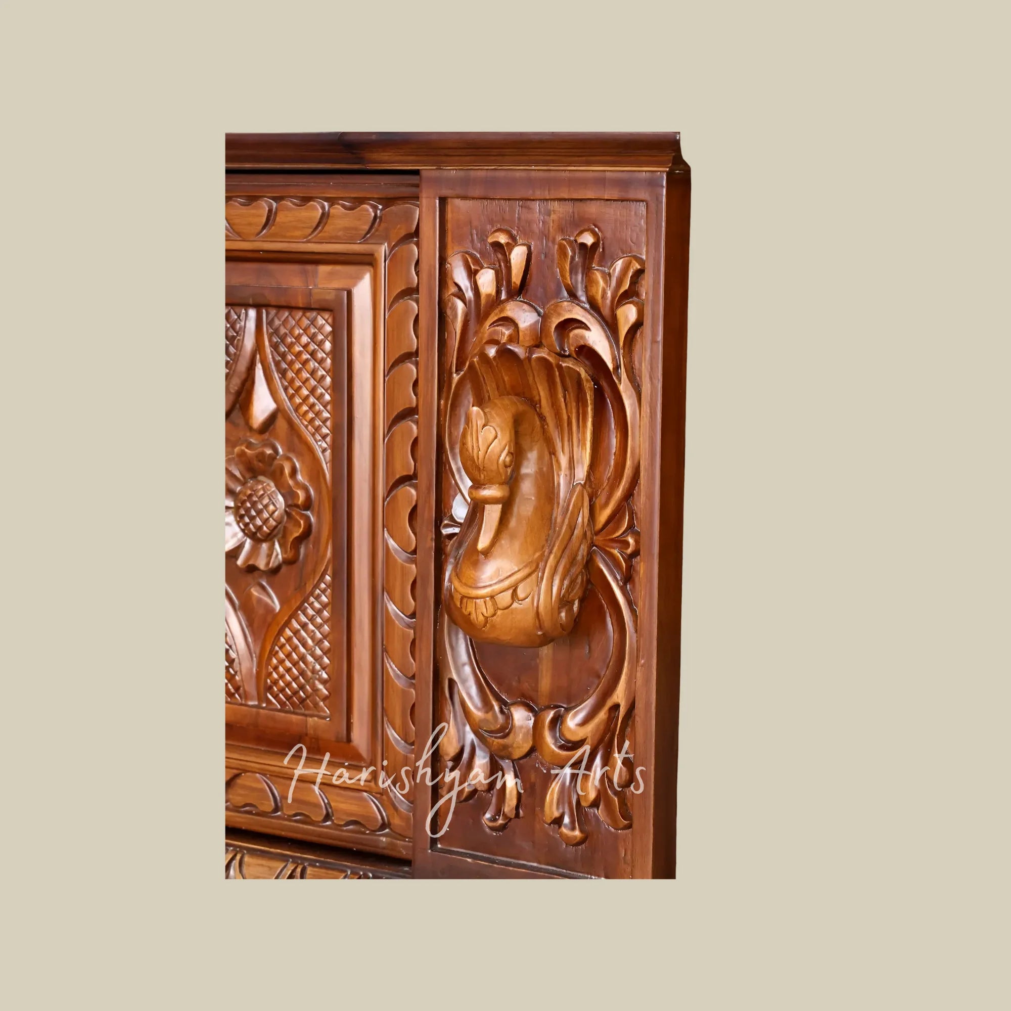 84" Extra Large Handcrafted Teak Wood Home Temple with Intricate Jali Work Ornate Pillars and Spacious Storage