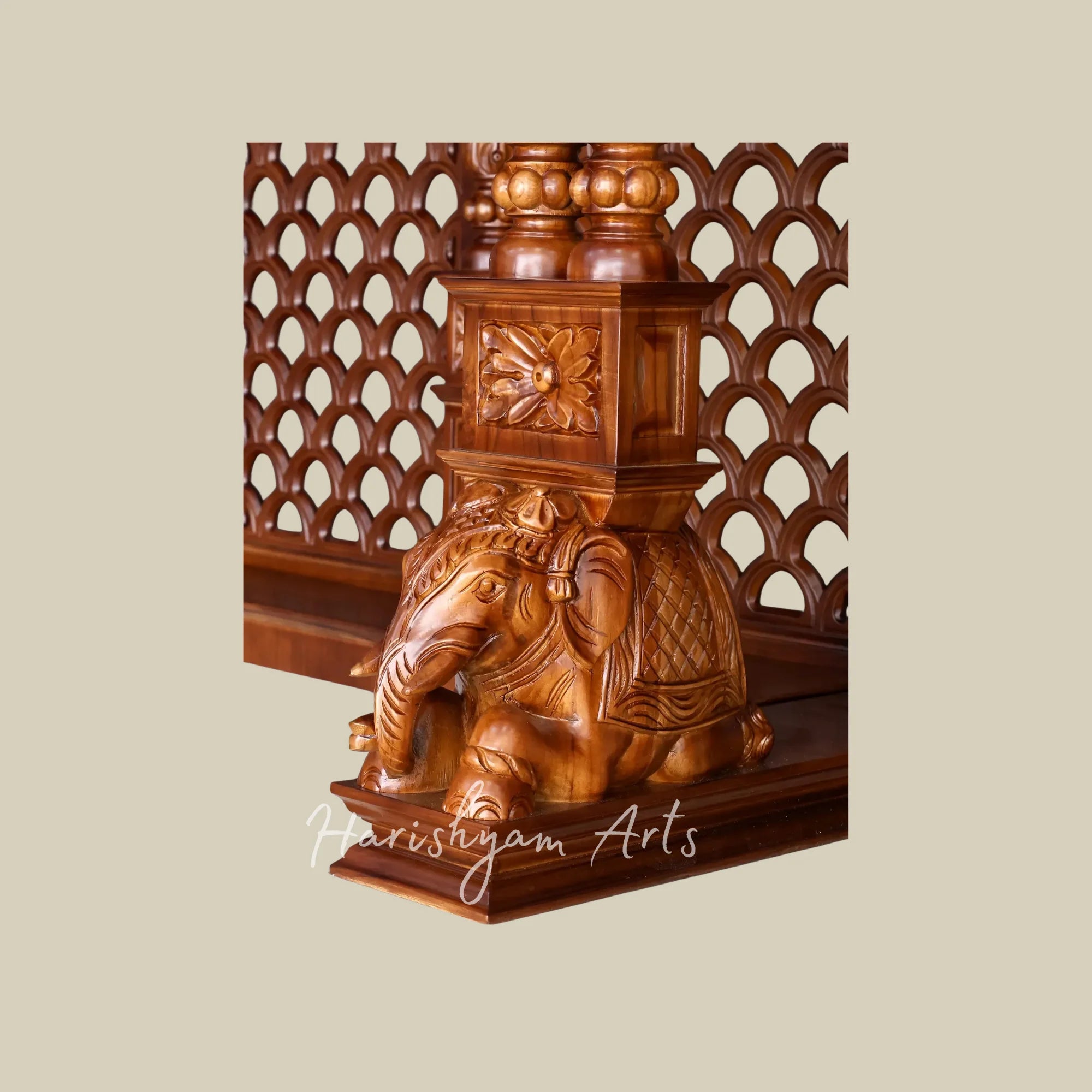 84" Extra Large Handcrafted Teak Wood Home Temple with Intricate Jali Work Ornate Pillars and Spacious Storage
