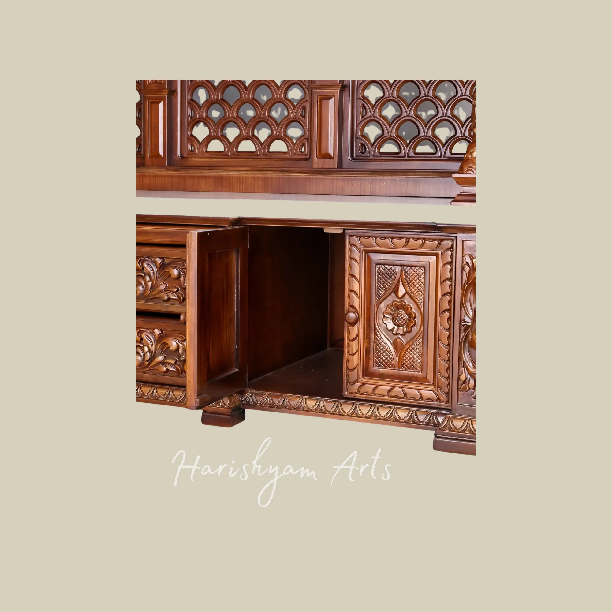 84" Extra Large Handcrafted Teak Wood Home Temple with Intricate Jali Work Ornate Pillars and Spacious Storage
