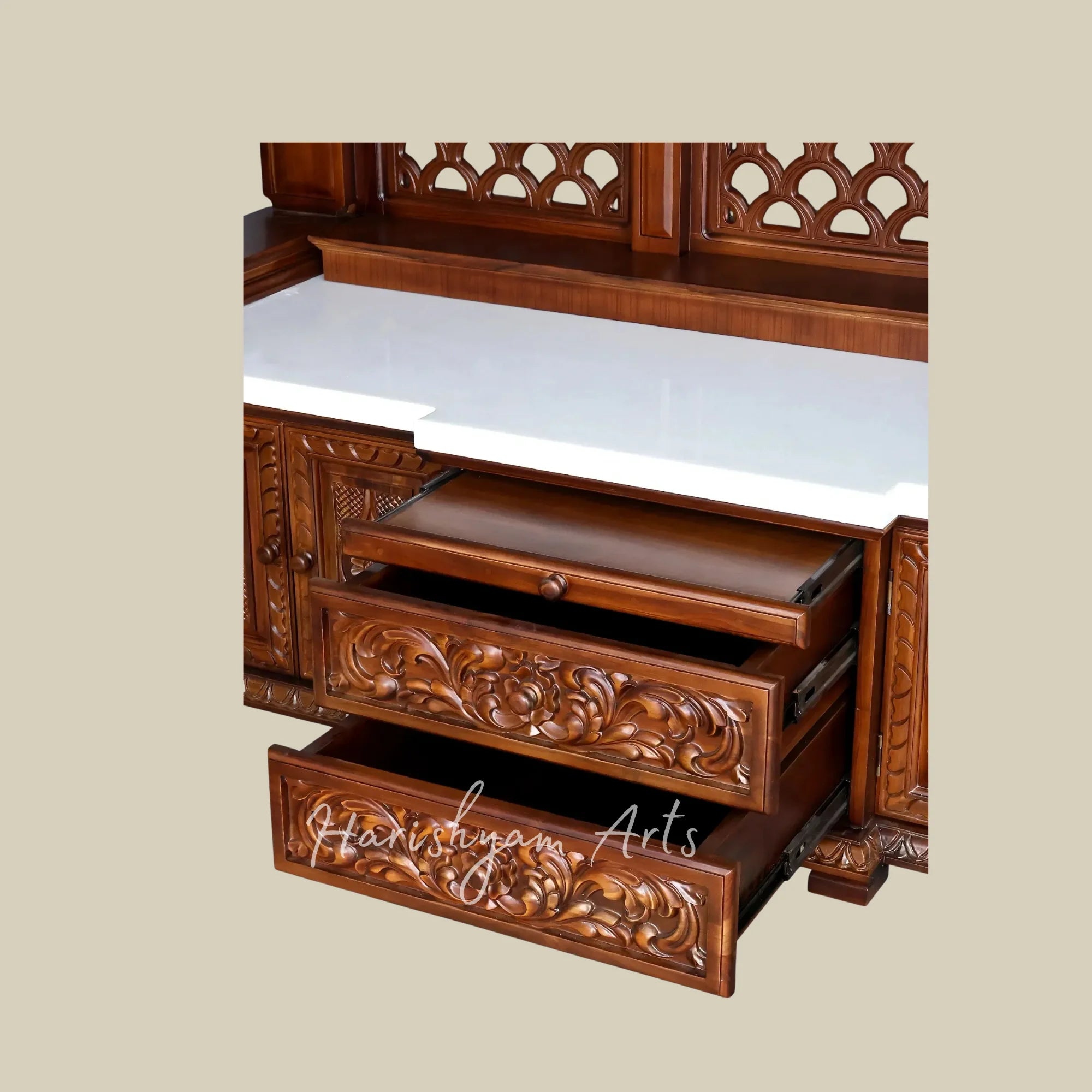 84" Extra Large Handcrafted Teak Wood Home Temple with Intricate Jali Work Ornate Pillars and Spacious Storage