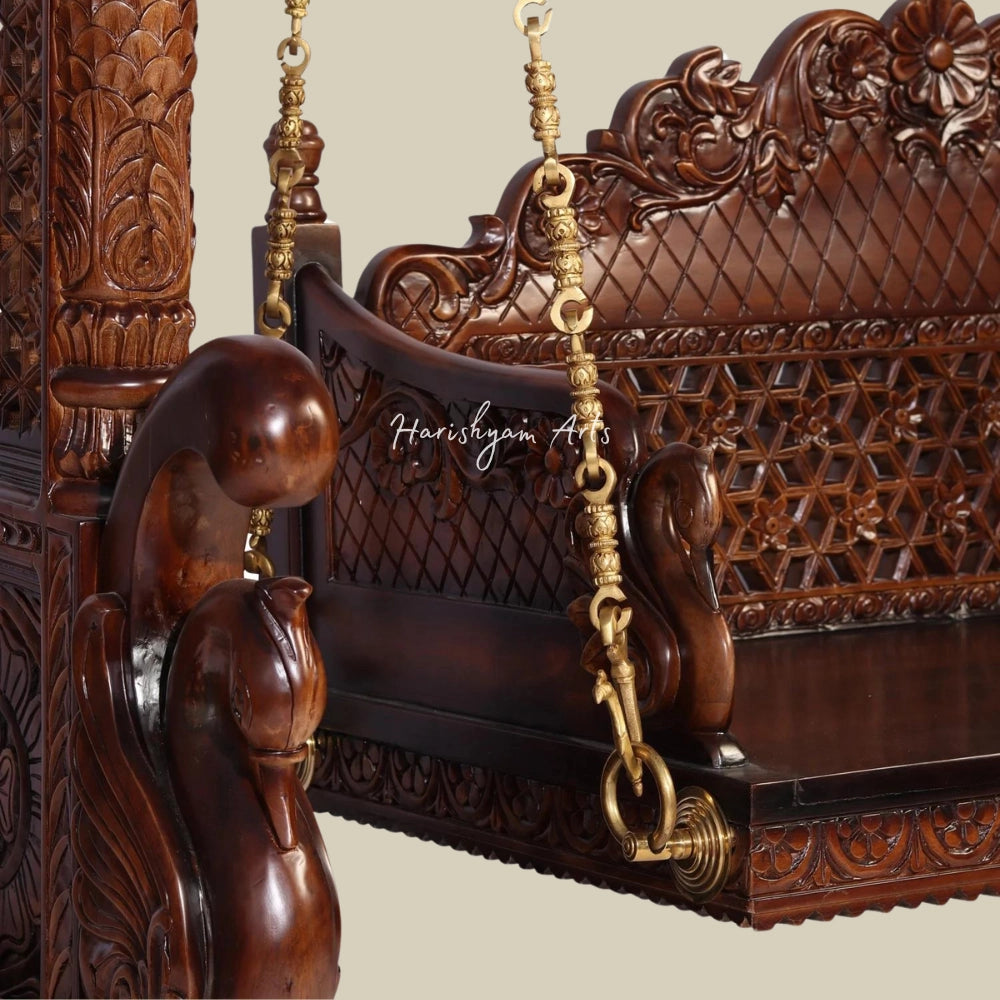 84" Teak Wood HandCarved Designer Traditional Swing with Brass Chains