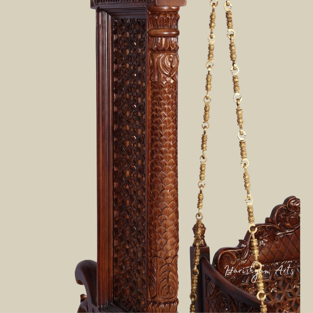 84" Teak Wood HandCarved Designer Traditional Swing with Brass Chains