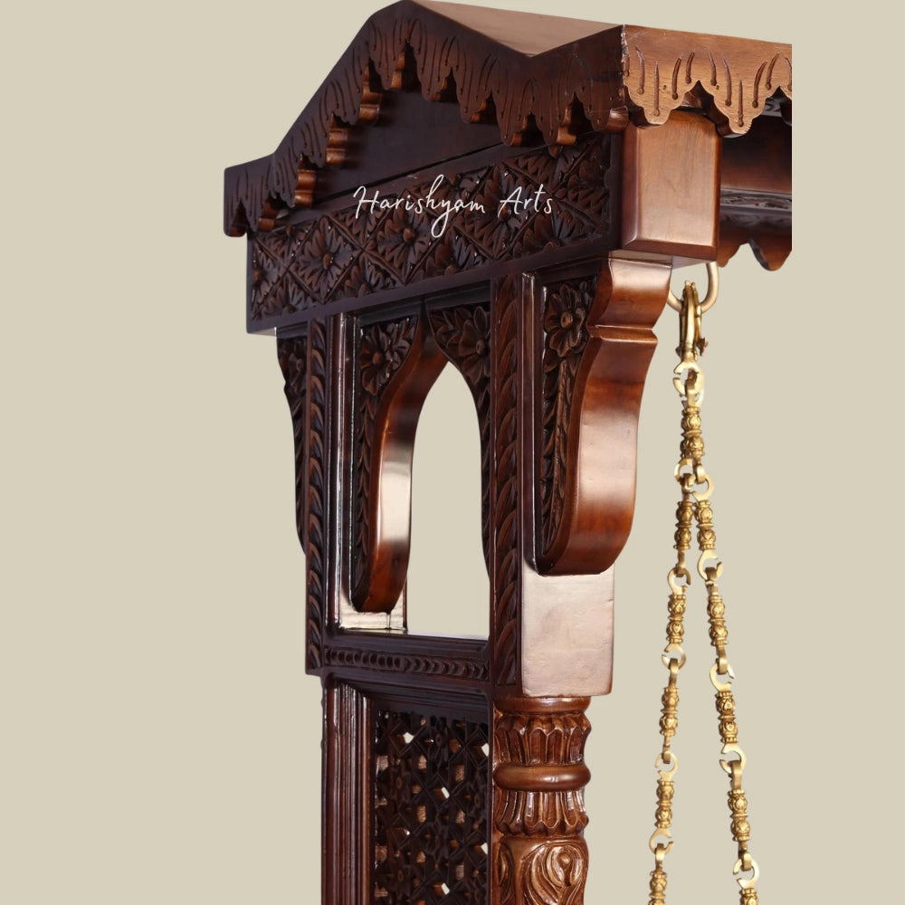 84" Teak Wood HandCarved Designer Traditional Swing with Brass Chains