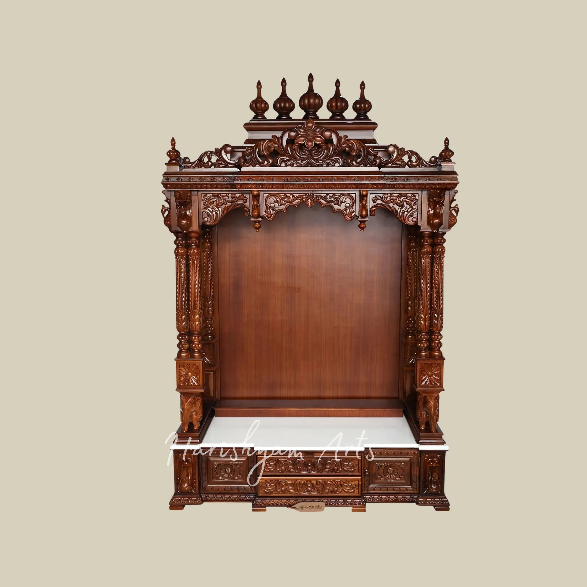 85" Traditional Wooden Pooja Mandir with Decorative Spires and Carved Storage Drawers for Home Temple