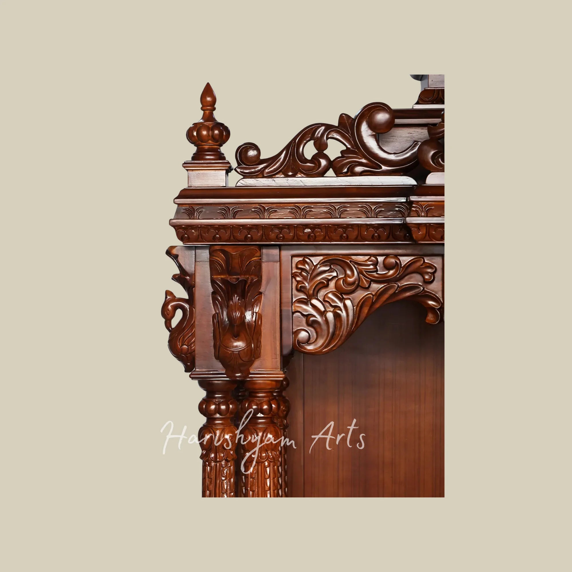 85" Traditional Wooden Pooja Mandir with Decorative Spires and Carved Storage Drawers for Home Temple