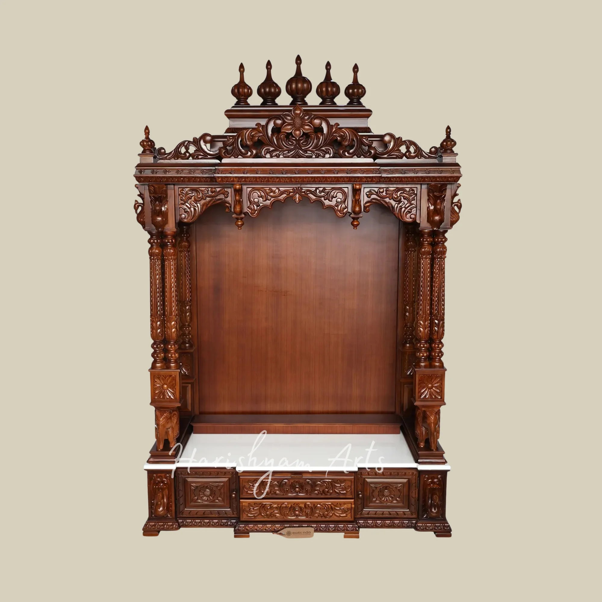 85" Traditional Wooden Pooja Mandir with Decorative Spires and Carved Storage Drawers for Home Temple