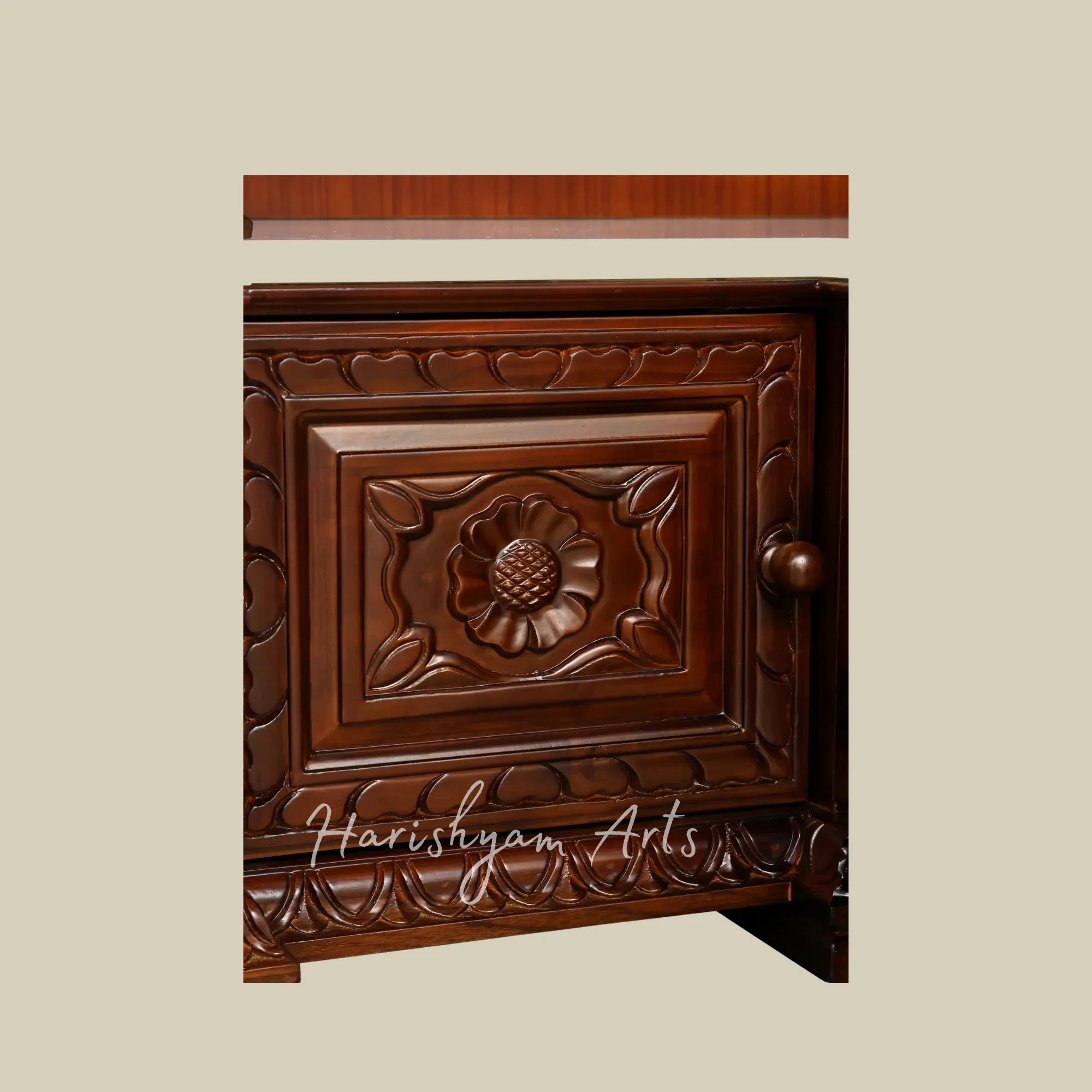 85" Traditional Wooden Pooja Mandir with Decorative Spires and Carved Storage Drawers for Home Temple