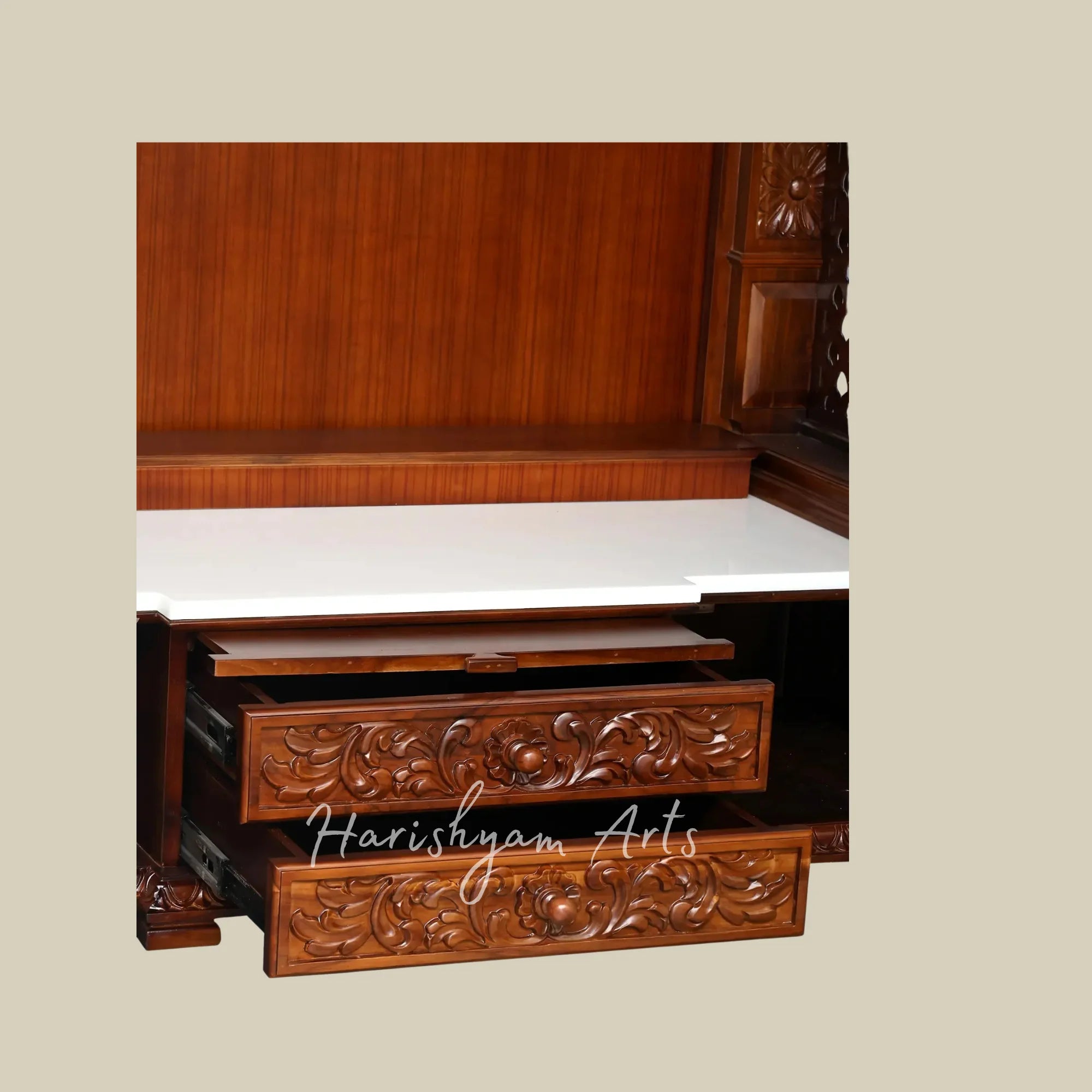 85" Traditional Wooden Pooja Mandir with Decorative Spires and Carved Storage Drawers for Home Temple
