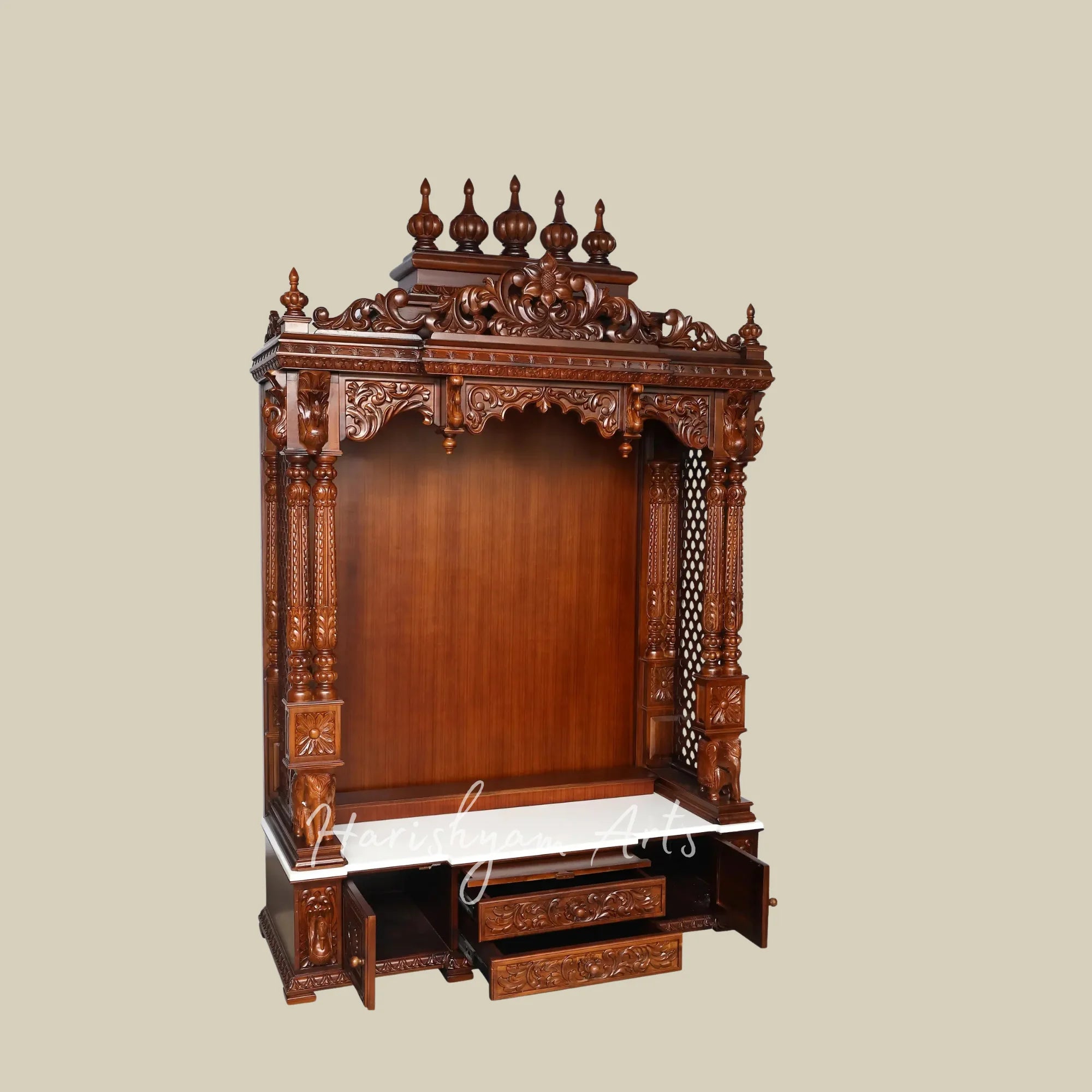 85" Traditional Wooden Pooja Mandir with Decorative Spires and Carved Storage Drawers for Home Temple