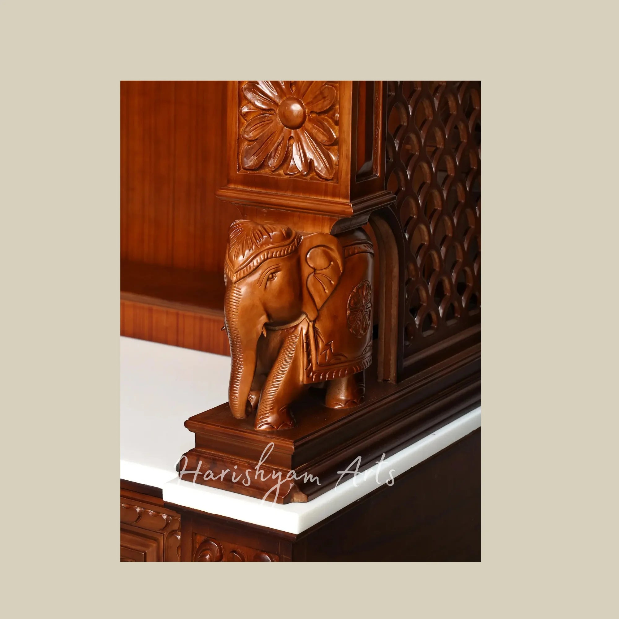 85" Traditional Wooden Pooja Mandir with Decorative Spires and Carved Storage Drawers for Home Temple