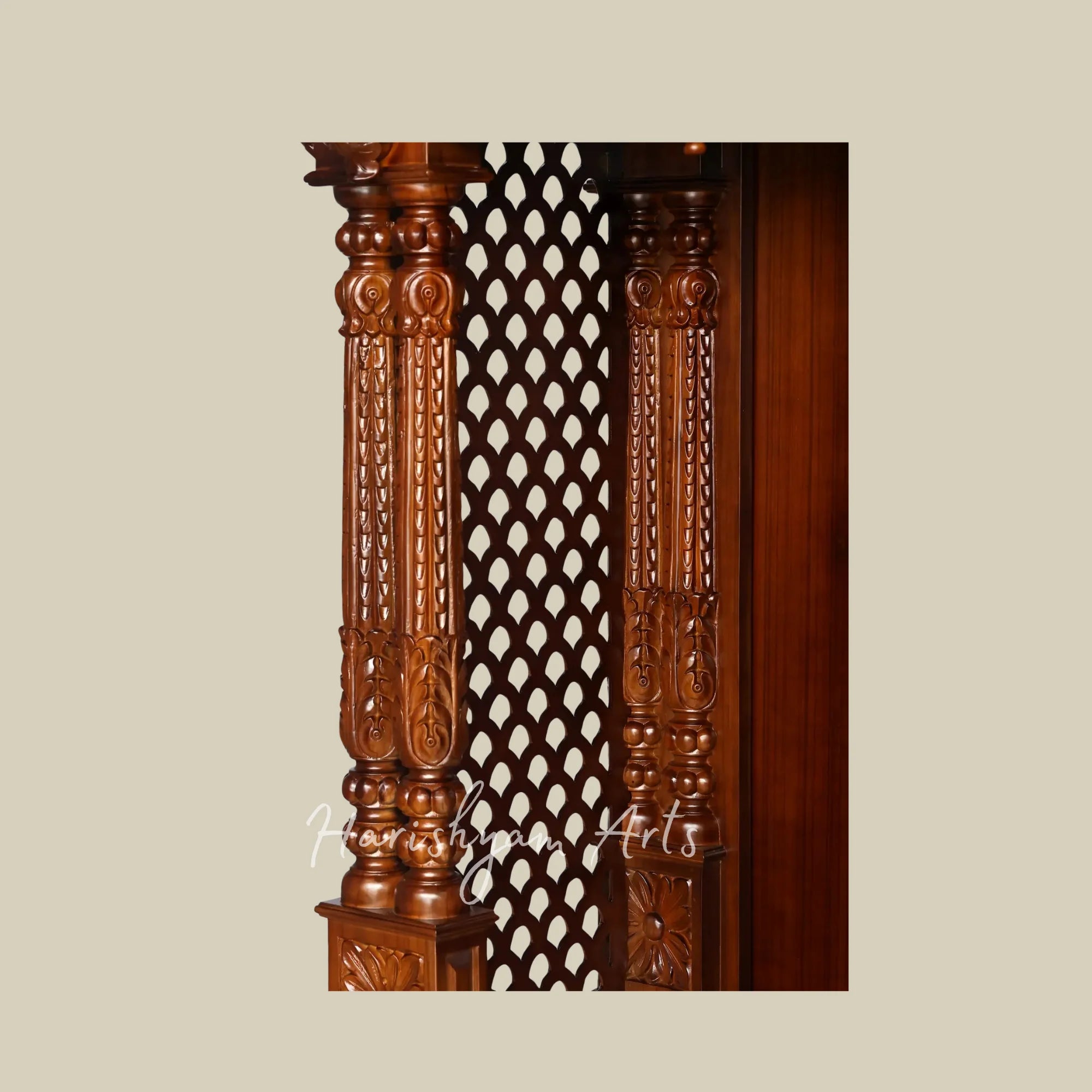 85" Traditional Wooden Pooja Mandir with Decorative Spires and Carved Storage Drawers for Home Temple