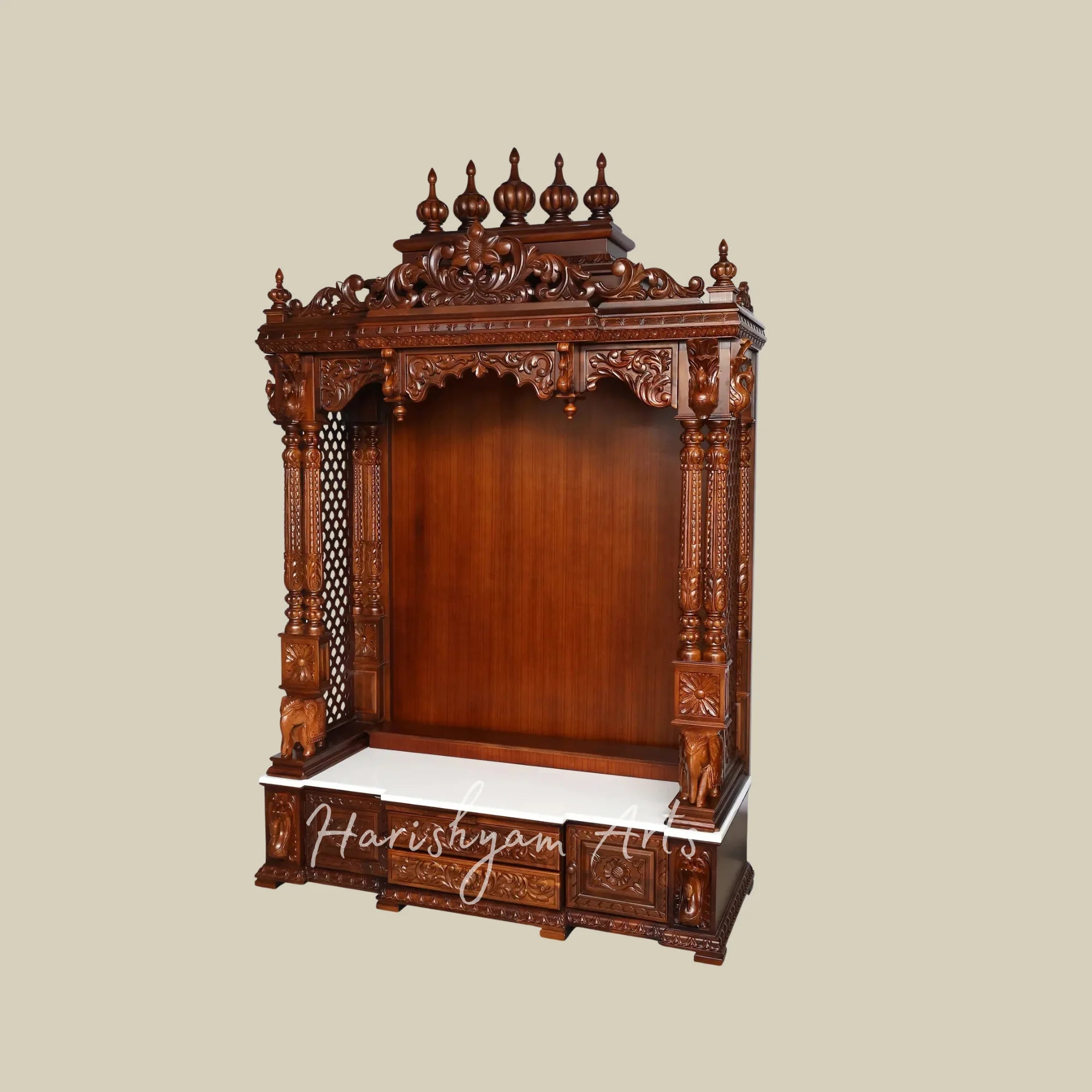 85" Traditional Wooden Pooja Mandir with Decorative Spires and Carved Storage Drawers for Home Temple