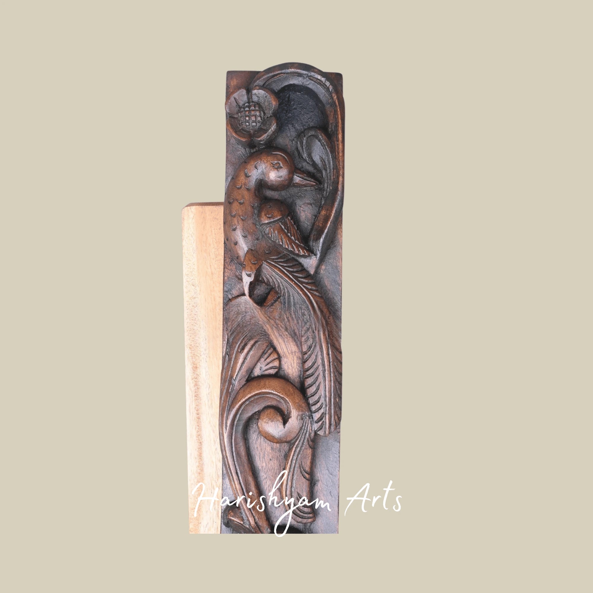 36" Standing Parrot Wooden Vaagai Panel – Intricate Handcarved Door & Wall Décor Accent
