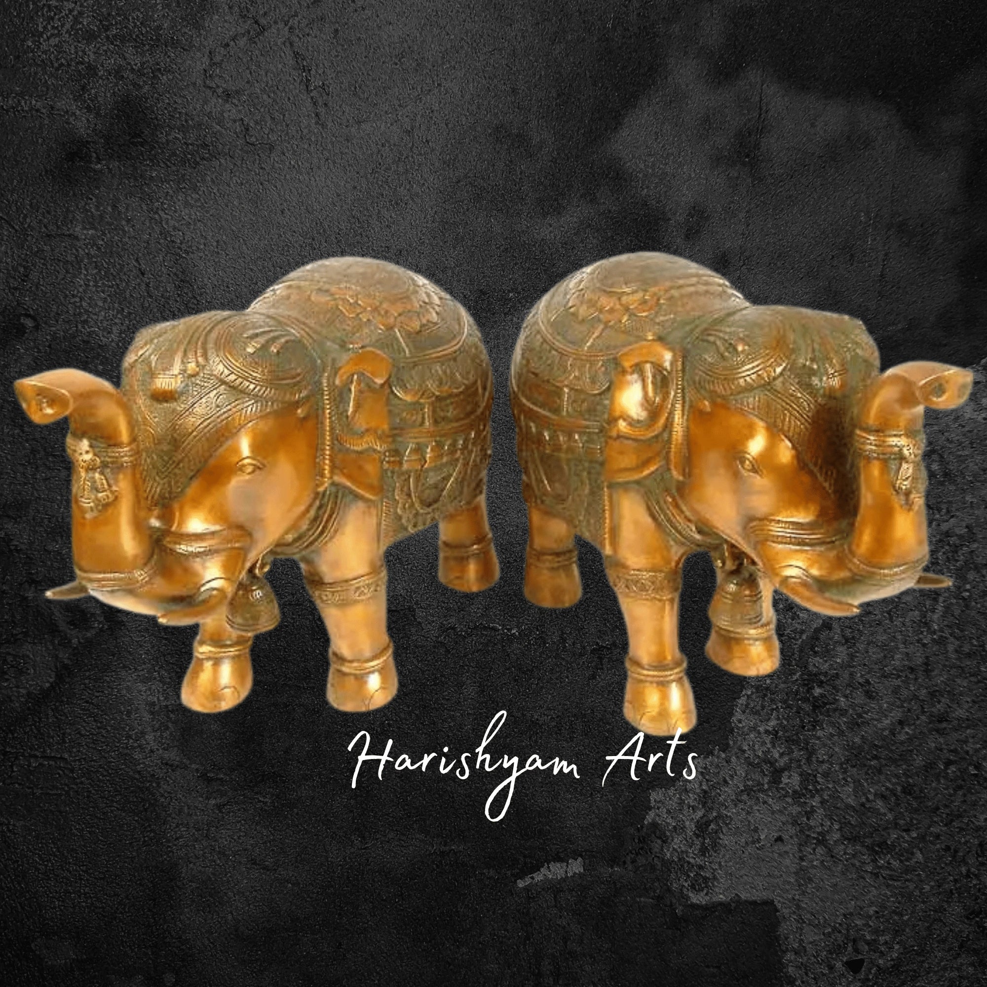 8" Auspicious Brass Temple Elephant Duo with Hanging Bells