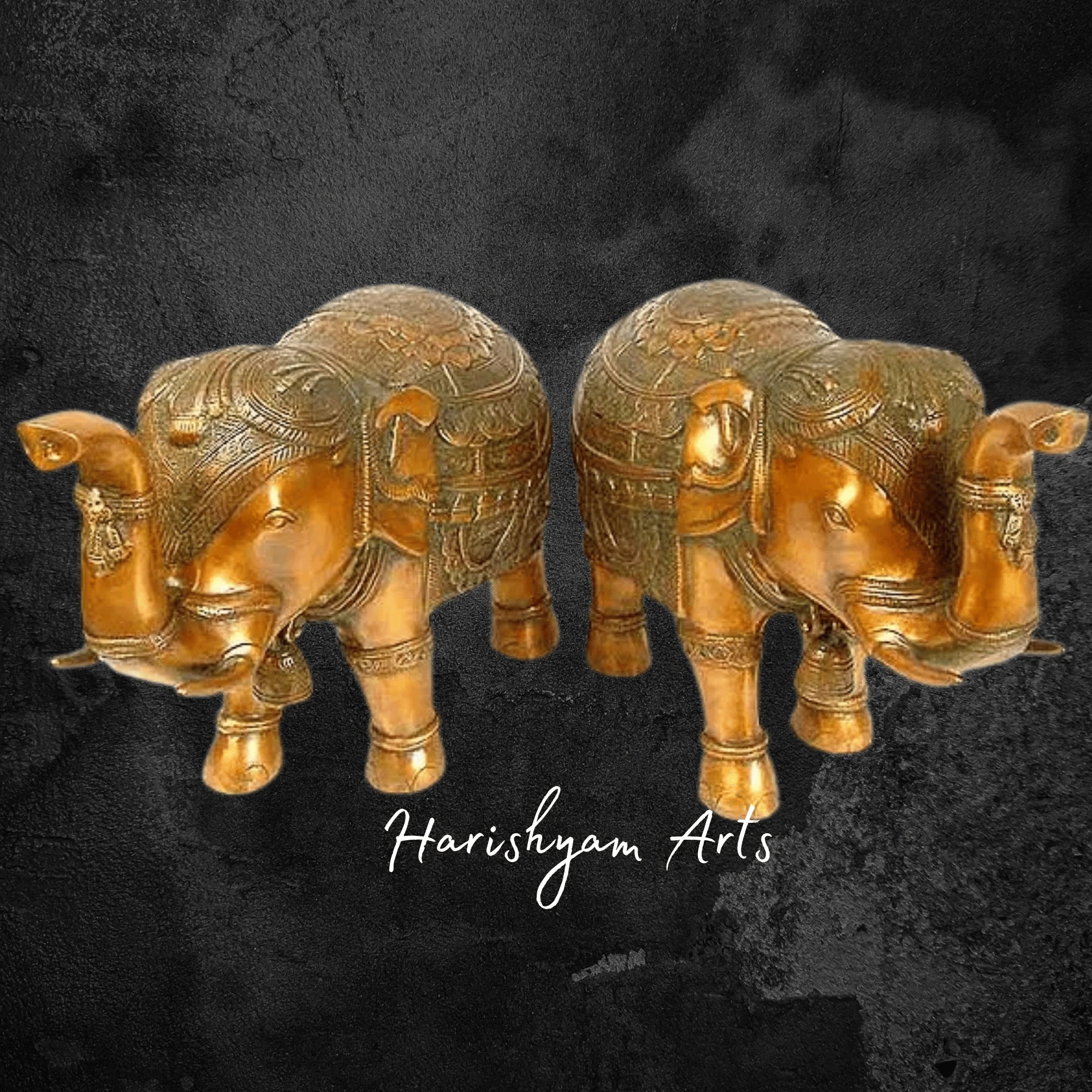 8" Auspicious Brass Temple Elephant Duo with Hanging Bells