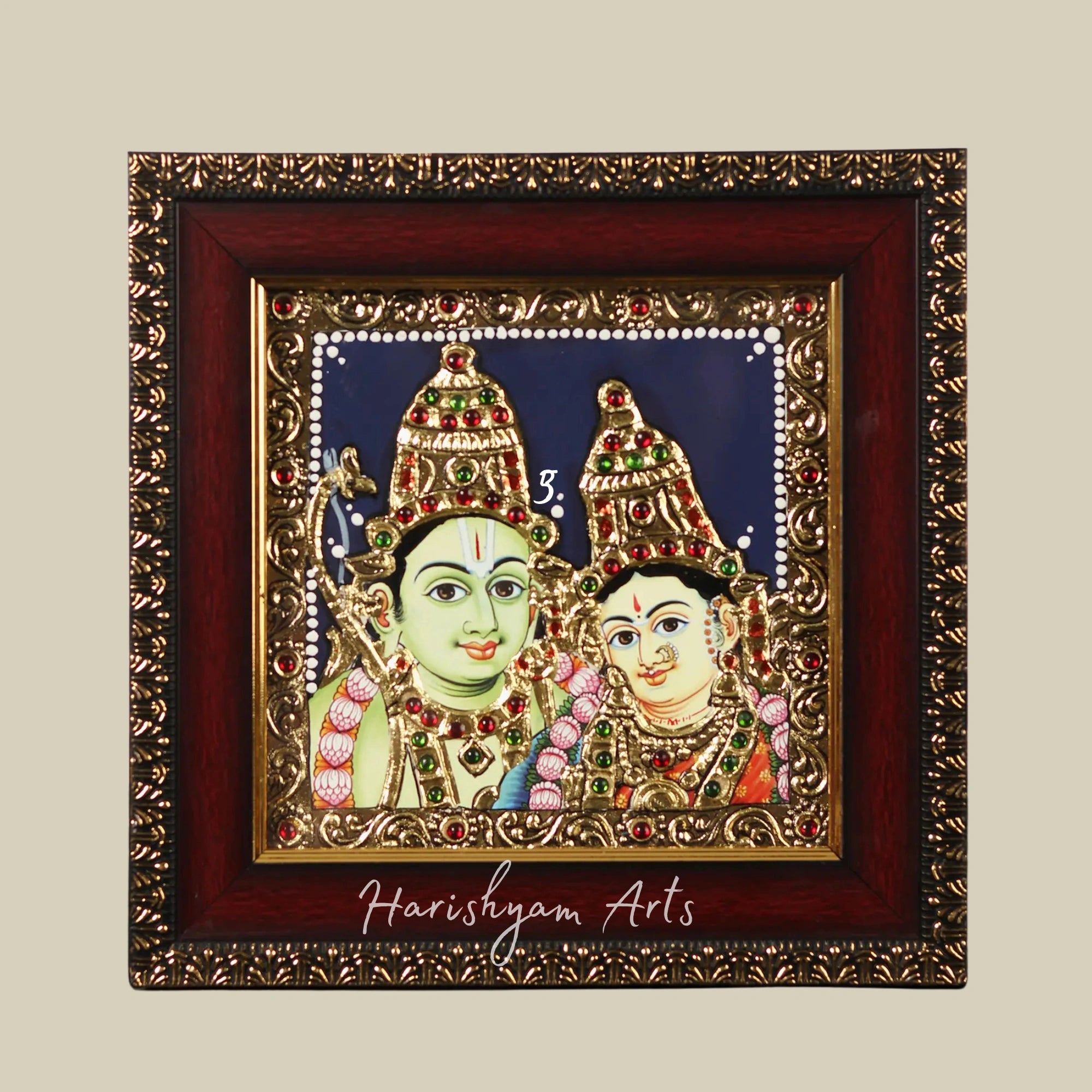 8" Bhagwan Ram and Devi Sita Tanjore Painting with Premium Wooden Frame