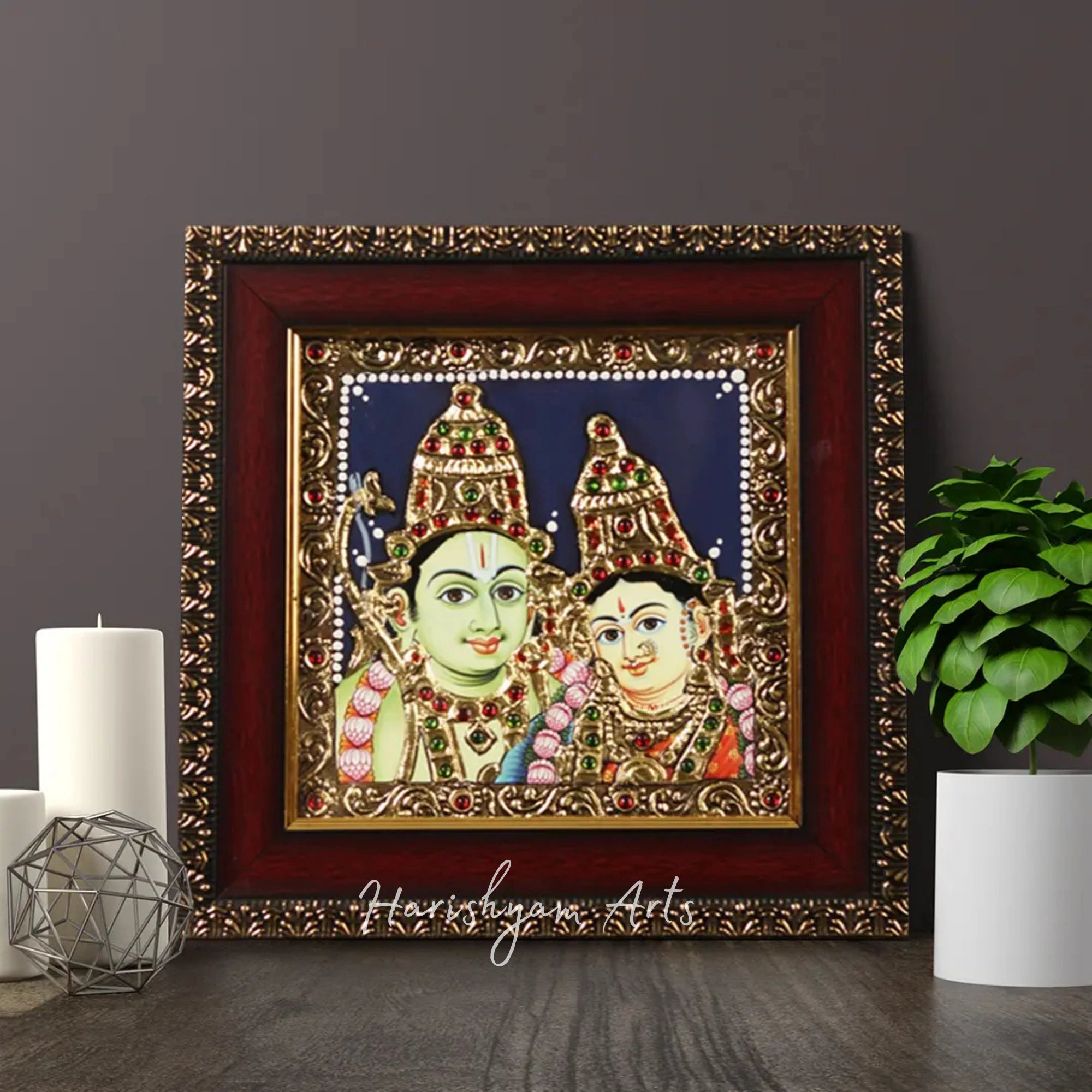 8" Bhagwan Ram and Devi Sita Tanjore Painting with Premium Wooden Frame