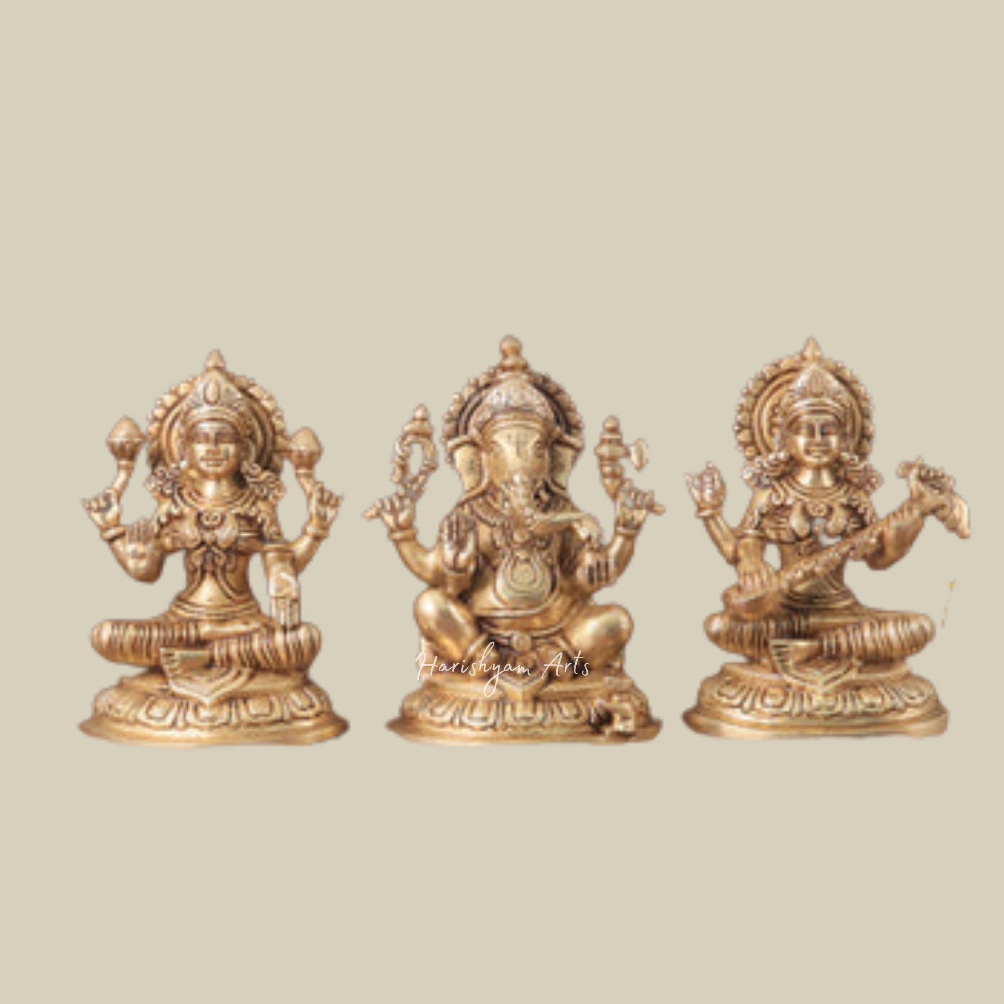 8" Brass Lakshmi Ganesha Saraswati Figurines with Intricate Design