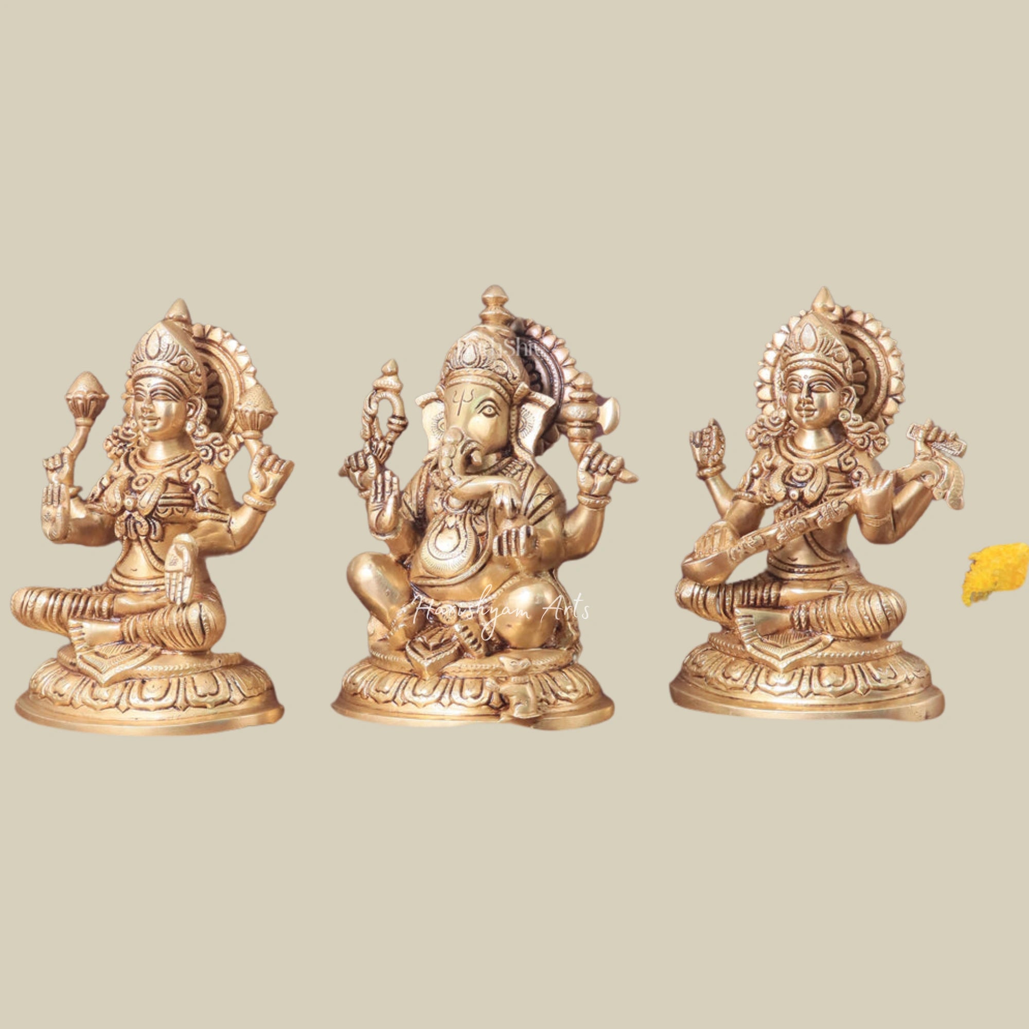 8" Brass Lakshmi Ganesha Saraswati Figurines with Intricate Design1