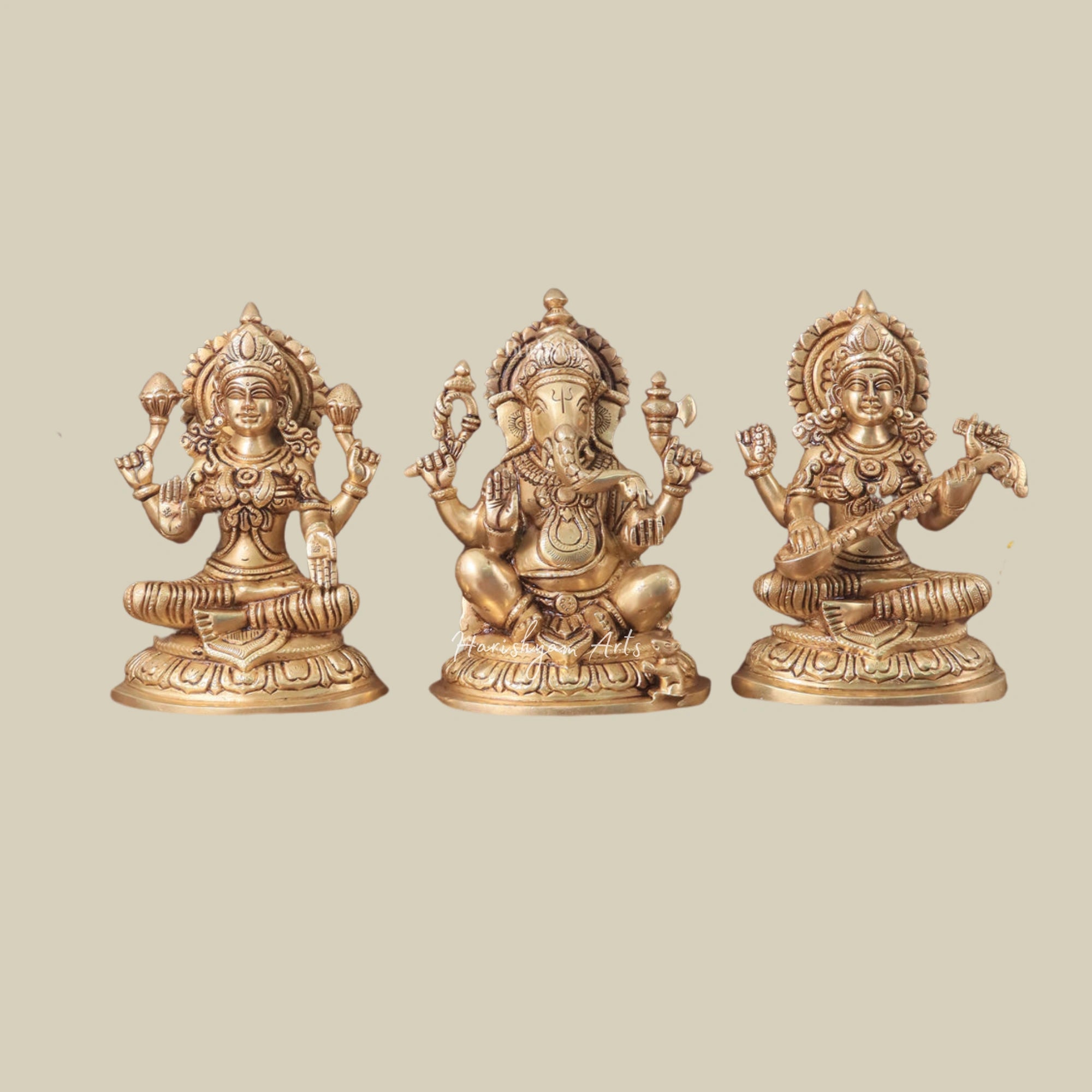 8" Brass Lakshmi Ganesha Saraswati Figurines with Intricate Design3