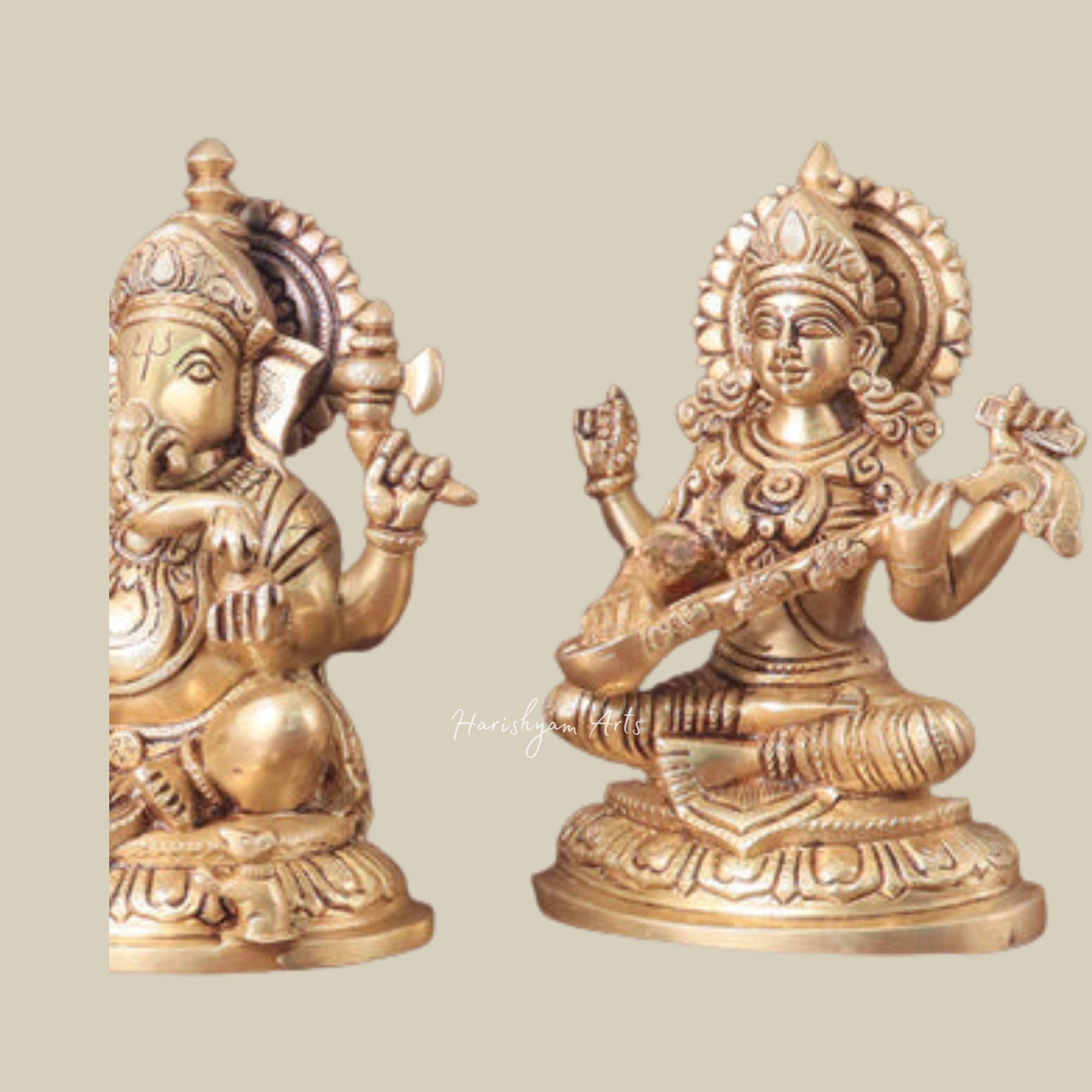 8" Brass Lakshmi Ganesha Saraswati Figurines with Intricate Design5