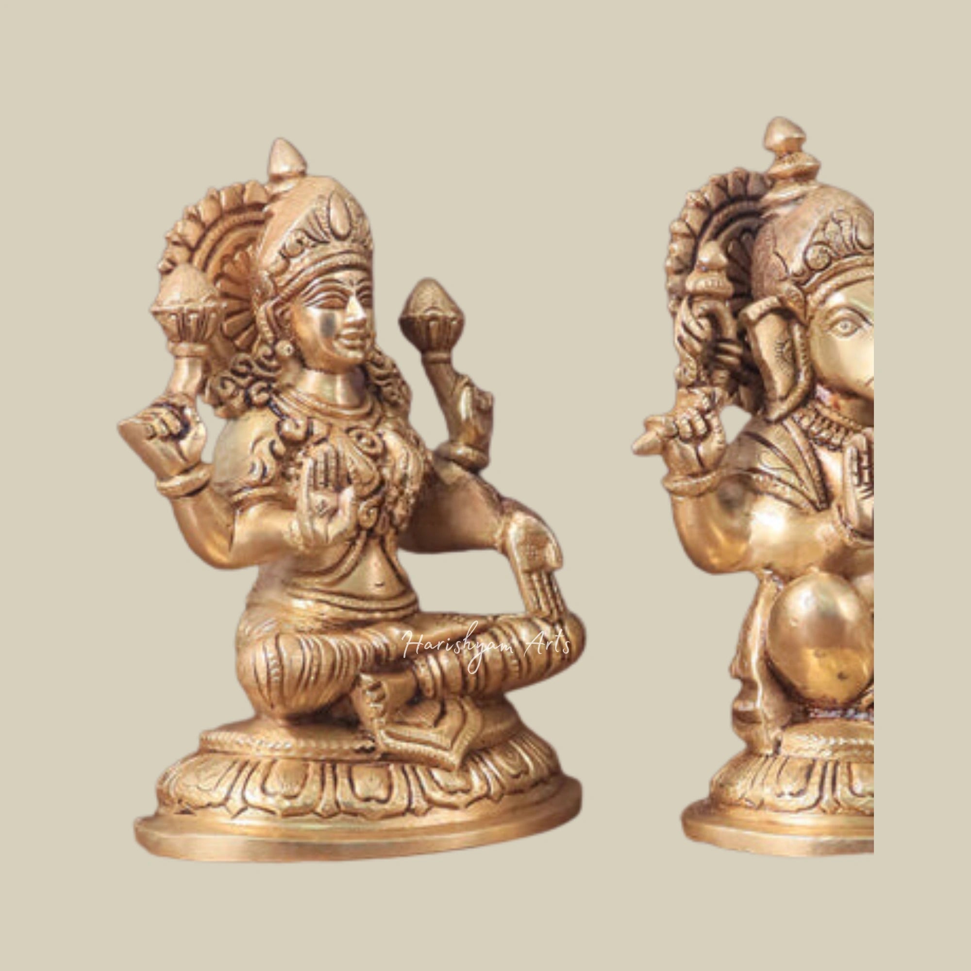 8" Brass Lakshmi Ganesha Saraswati Figurines with Intricate Design6