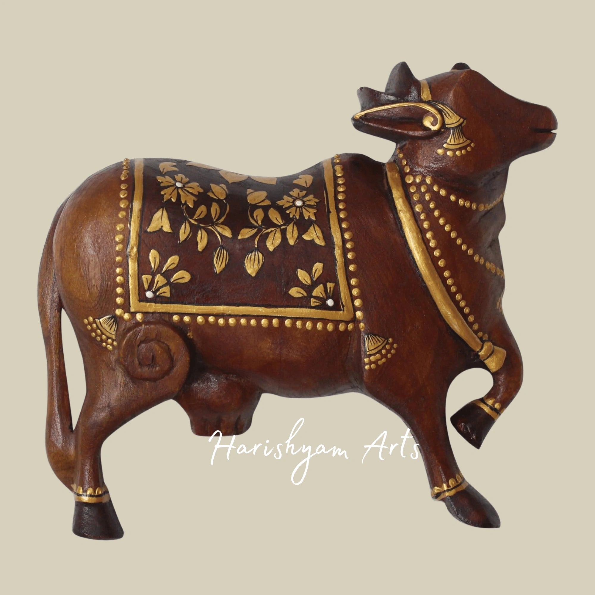 8" Carved Wooden Wall Art – Pichwai Cow Design for Ethnic Home Decor