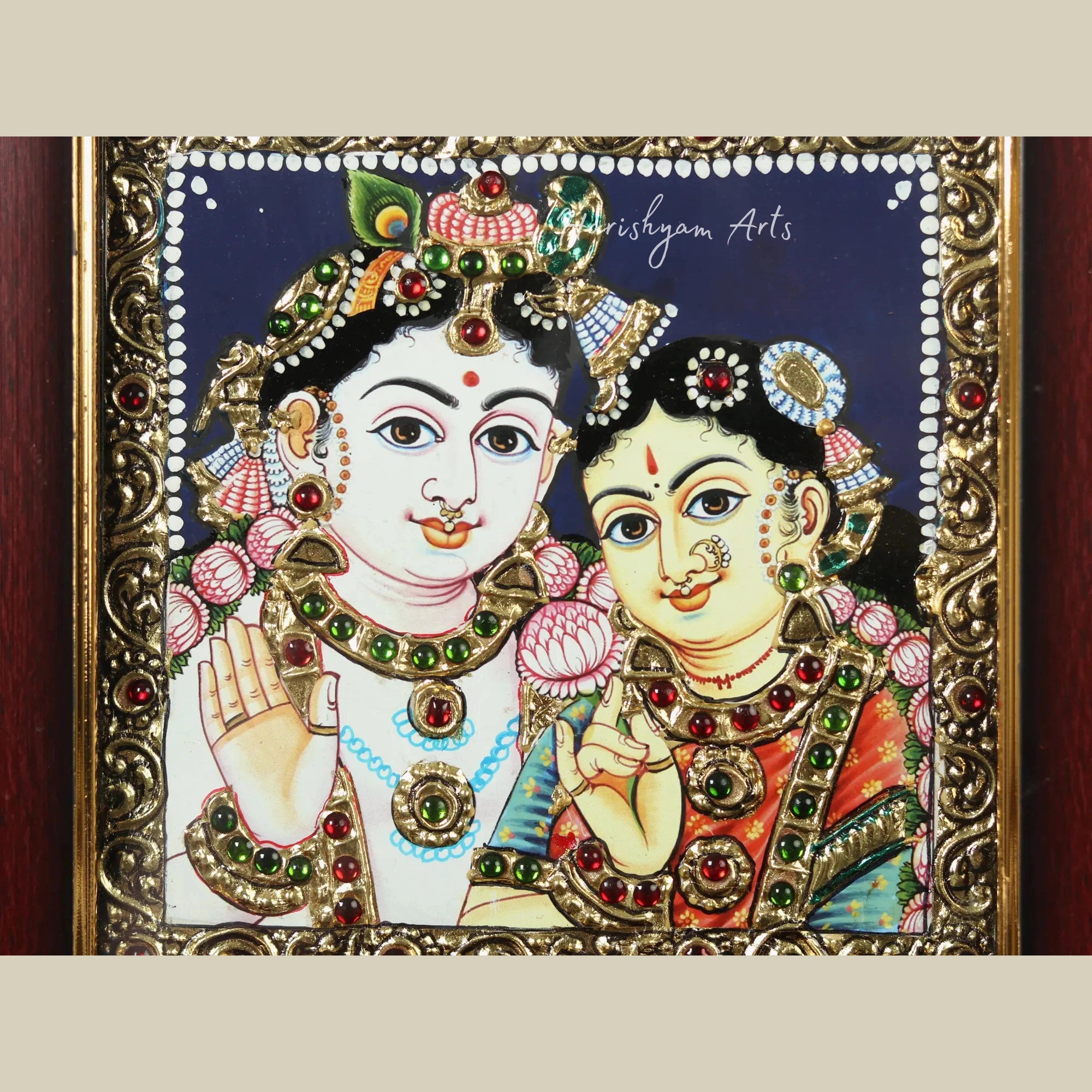 8" Framed Radha Krishna Tanjore Art Painting