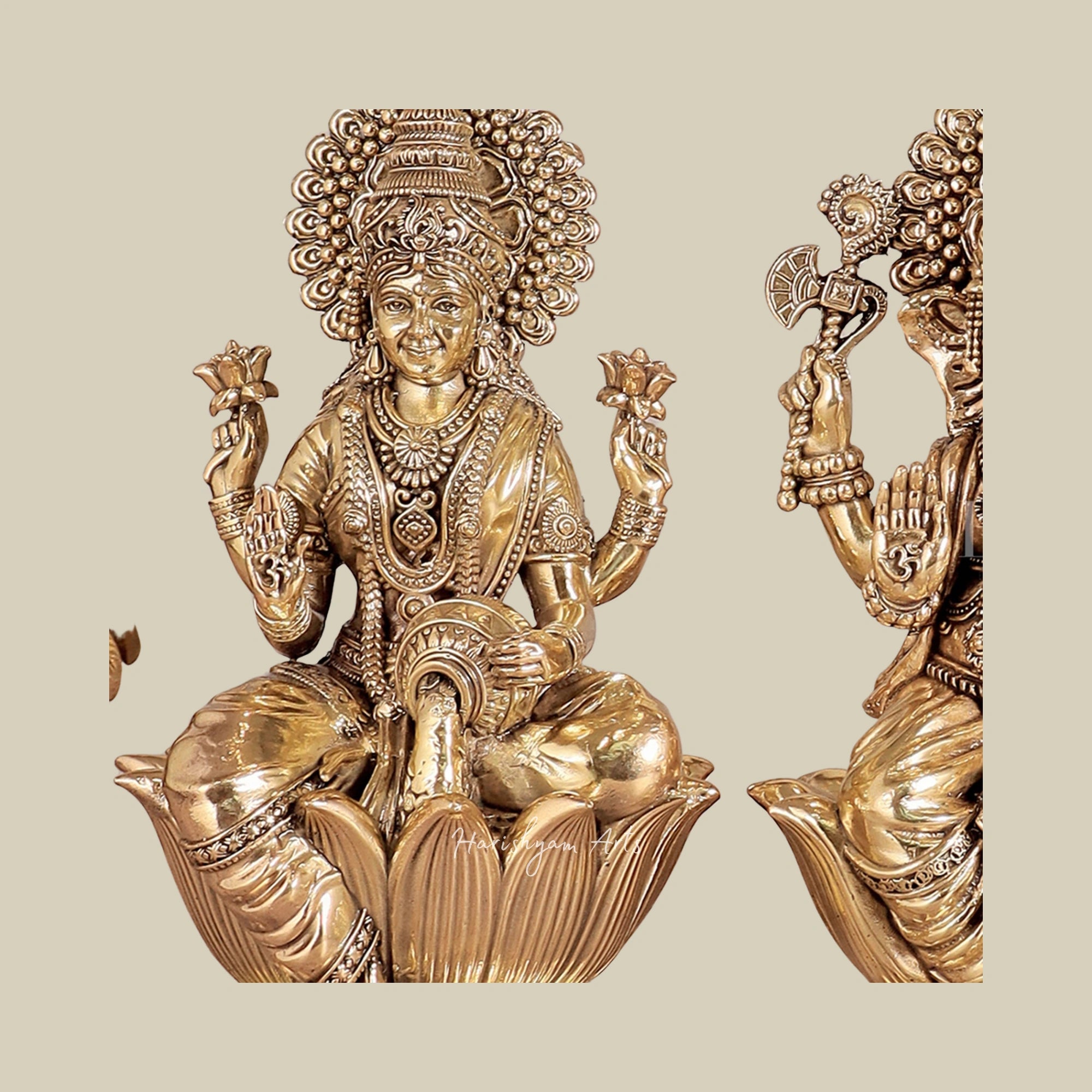 8" Premium Brass Ganesha Lakshmi Saraswati Idols with Intricate Craftsmanship