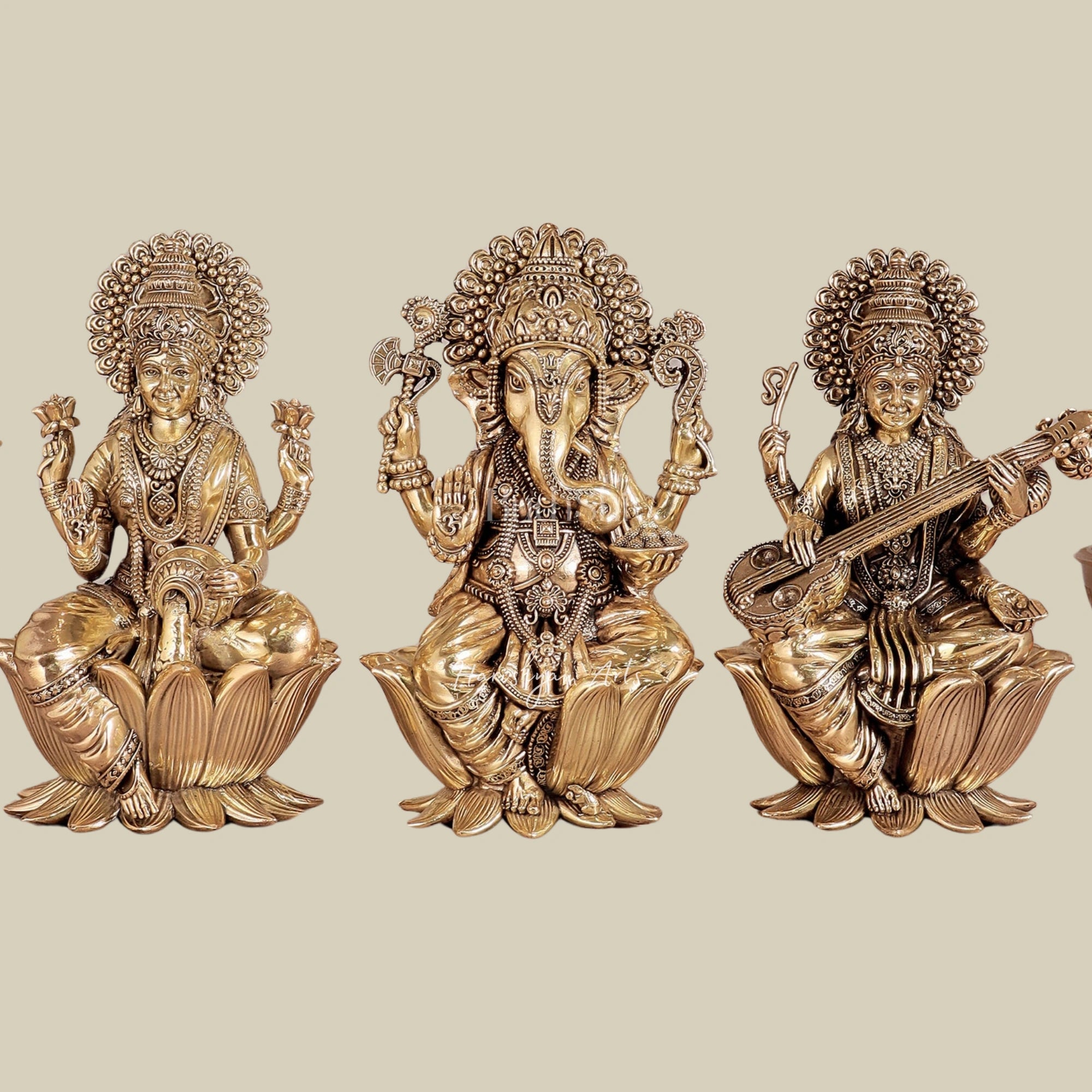 8" Premium Brass Ganesha Lakshmi Saraswati Idols with Intricate Craftsmanship