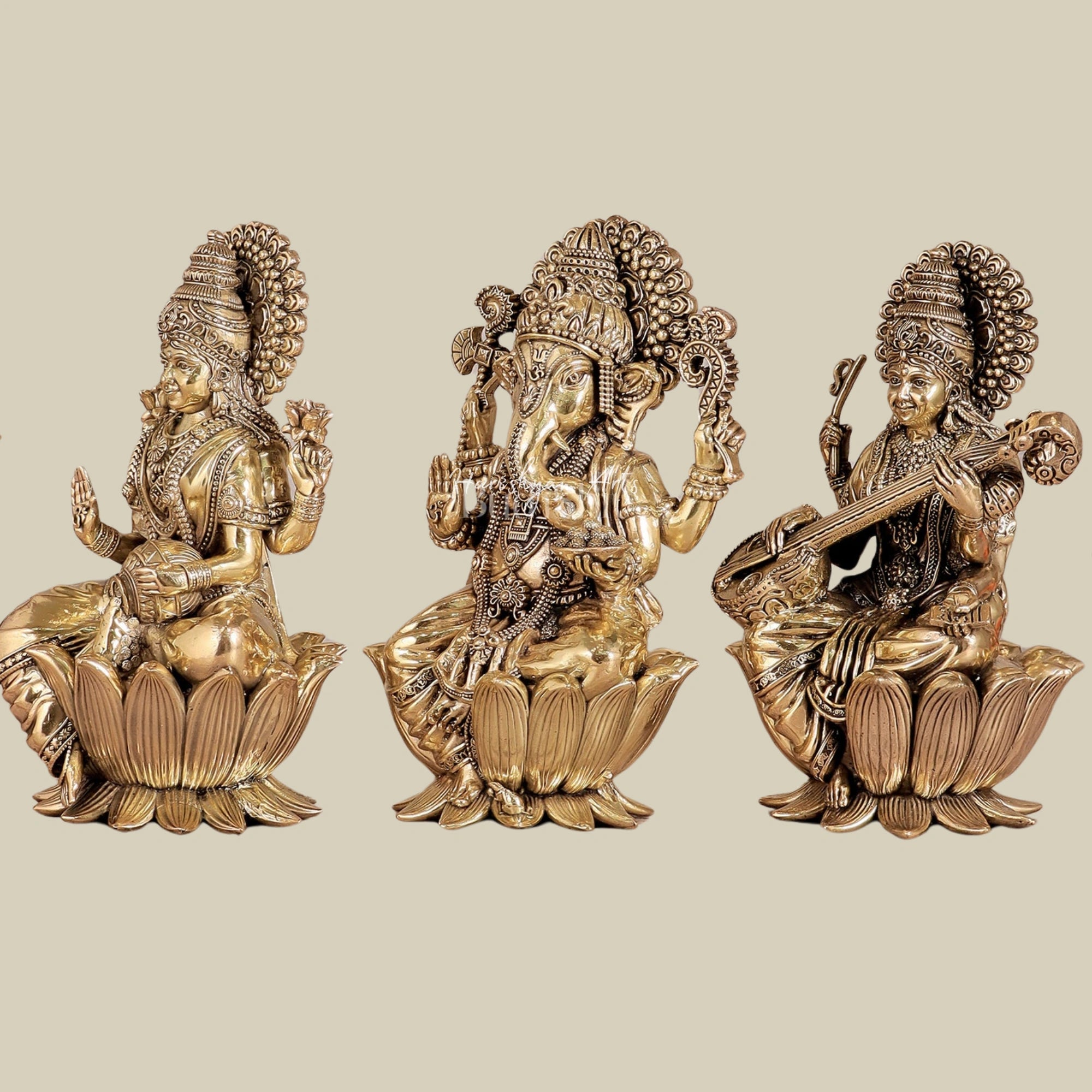 8" Premium Brass Ganesha Lakshmi Saraswati Idols with Intricate Craftsmanship