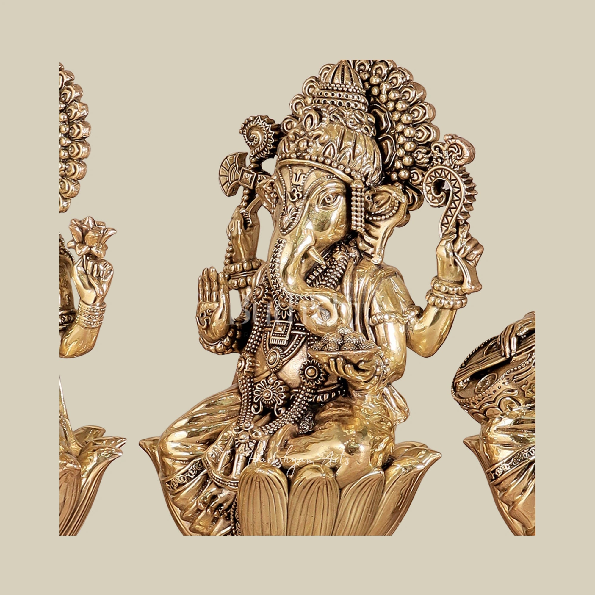 8" Premium Brass Ganesha Lakshmi Saraswati Idols with Intricate Craftsmanship