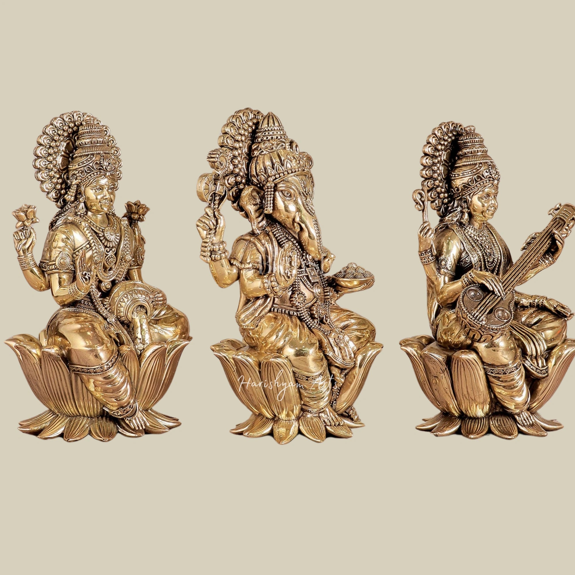 8" Premium Brass Ganesha Lakshmi Saraswati Idols with Intricate Craftsmanship