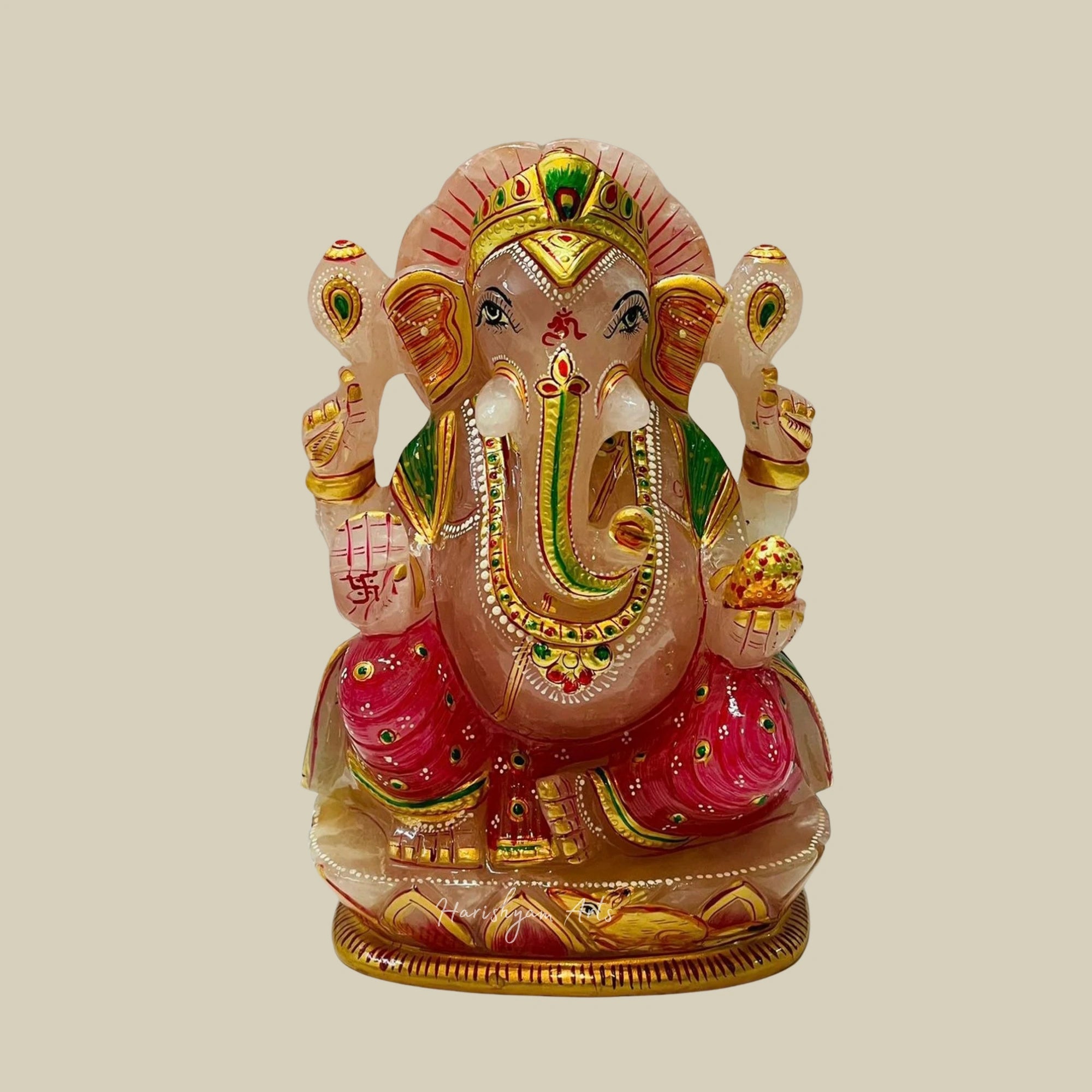8" Rose Gemstone Ganesha Murti Handmade Semi Precious Ganesh Idol for Home