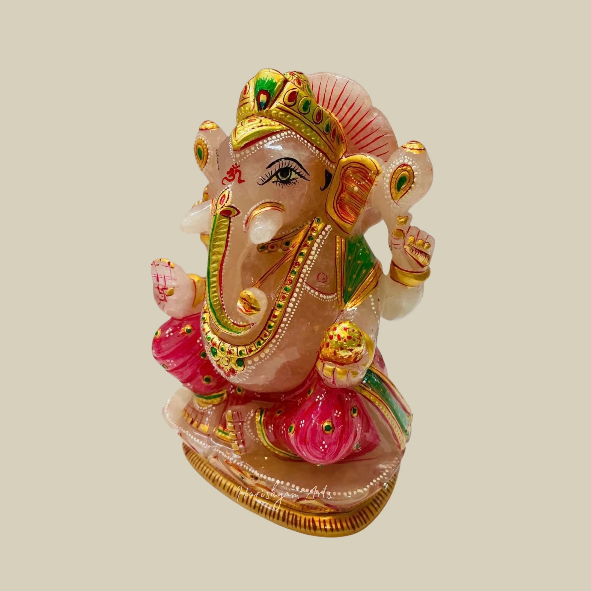 8" Rose Gemstone Ganesha Murti Handmade Semi Precious Ganesh Idol for Home