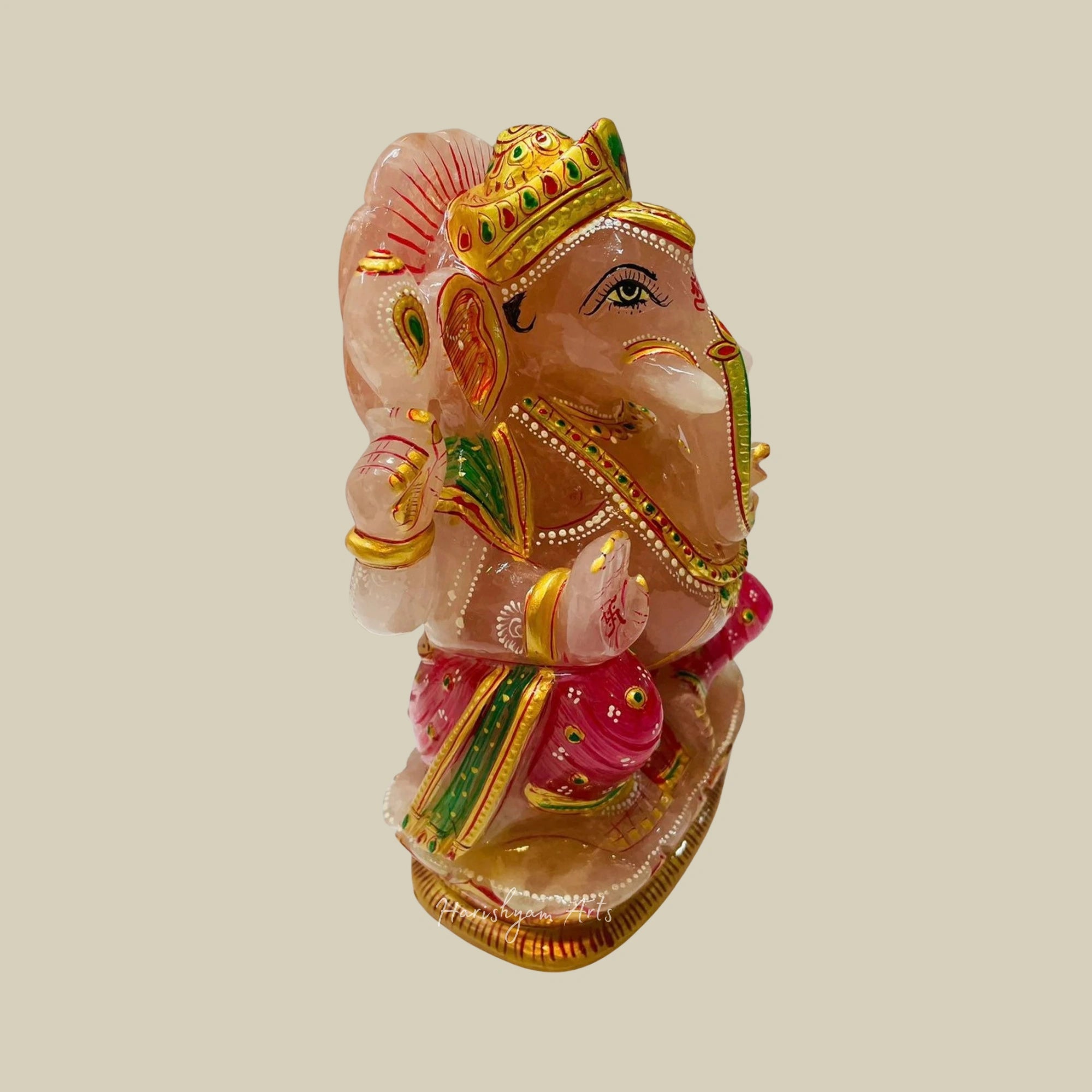 8" Rose Gemstone Ganesha Murti Handmade Semi Precious Ganesh Idol for Home