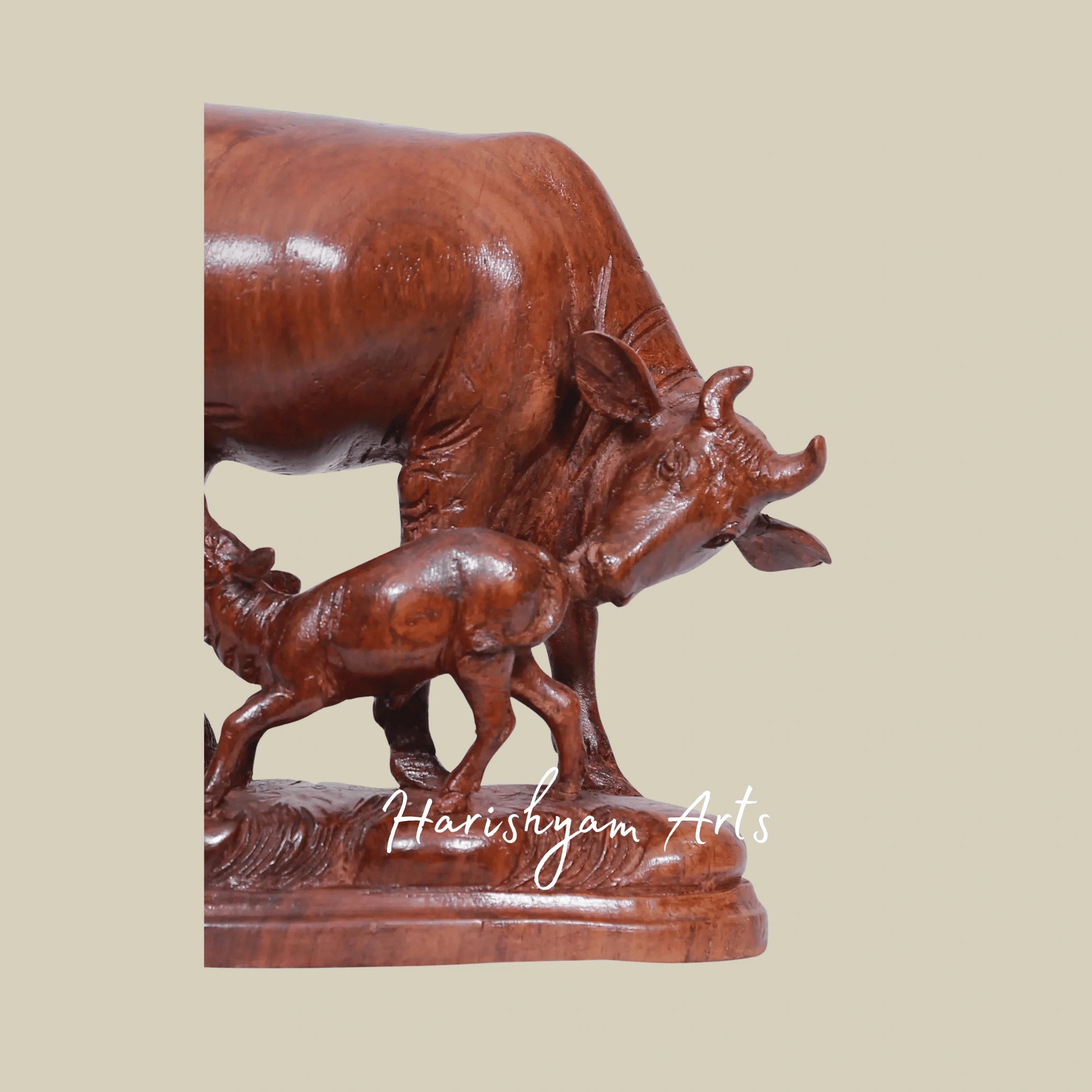8" Wooden Cow and Calf Statue – Handcrafted Farm Animal Figurine for Living Room Decor